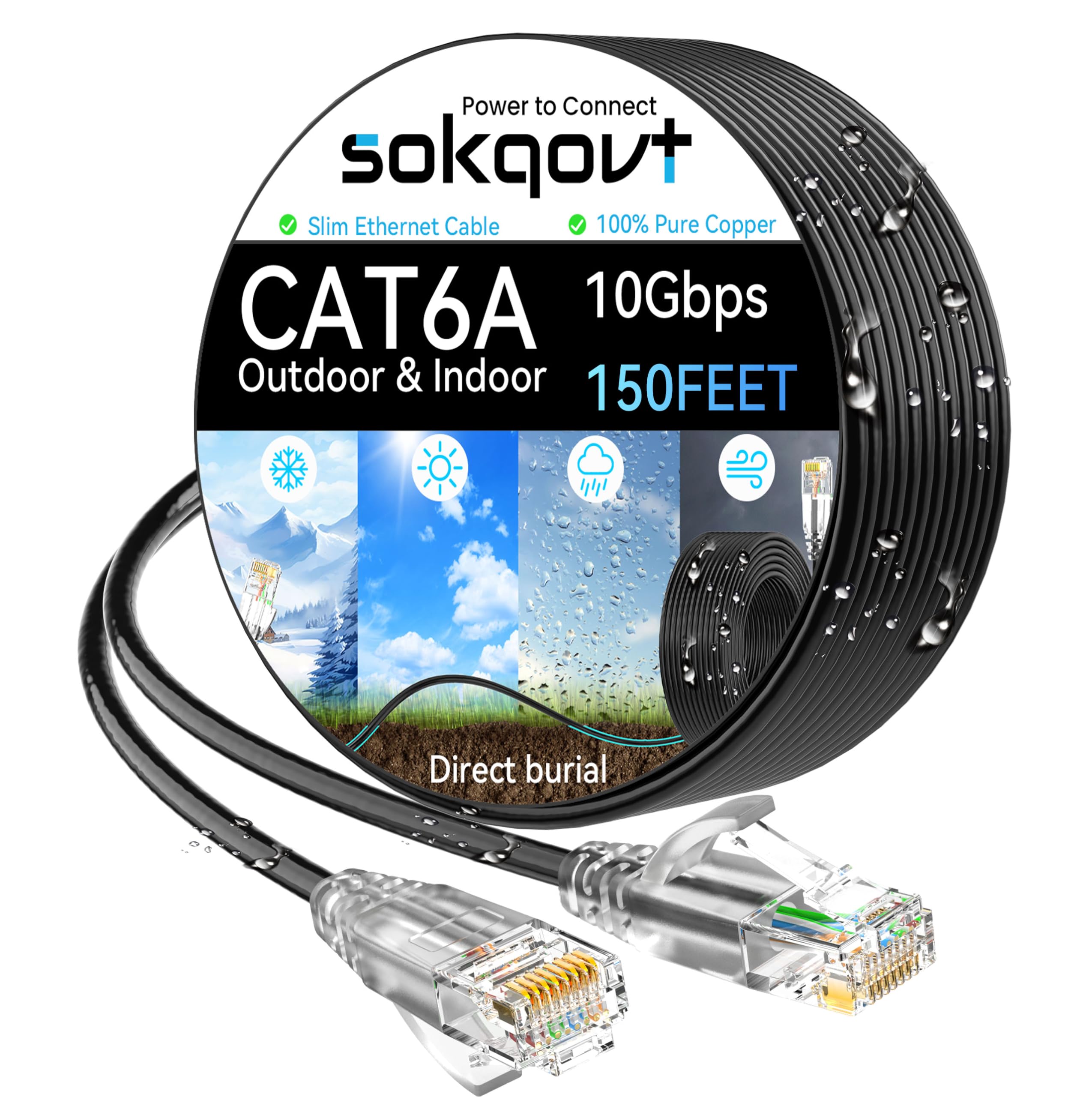 Cat6a Ethernet Cable Slim 150ft Outdoor&Indoor, 28AWG Pure Copper Cat6 Internet Cable for Waterproof & Direct Burial, Flexible Cat6 Ethernet Cable 10G