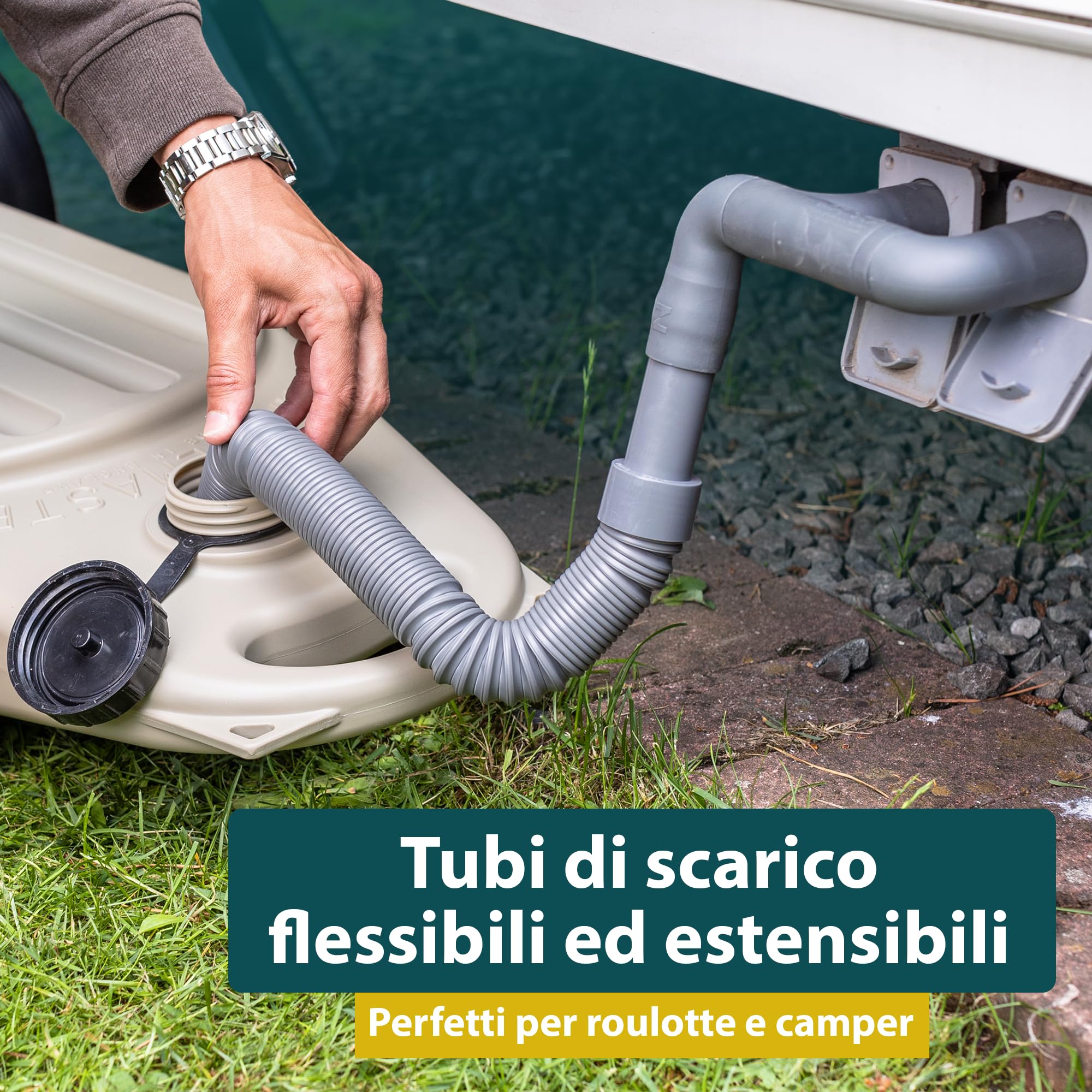 Colapz Accessori Roulotte – Kit 4 Tubi Flessibili Estensibili per Scarico Acque Reflue Camper e Roulotte, Gomma Morbida con Borsa e Spazzola Pulizia