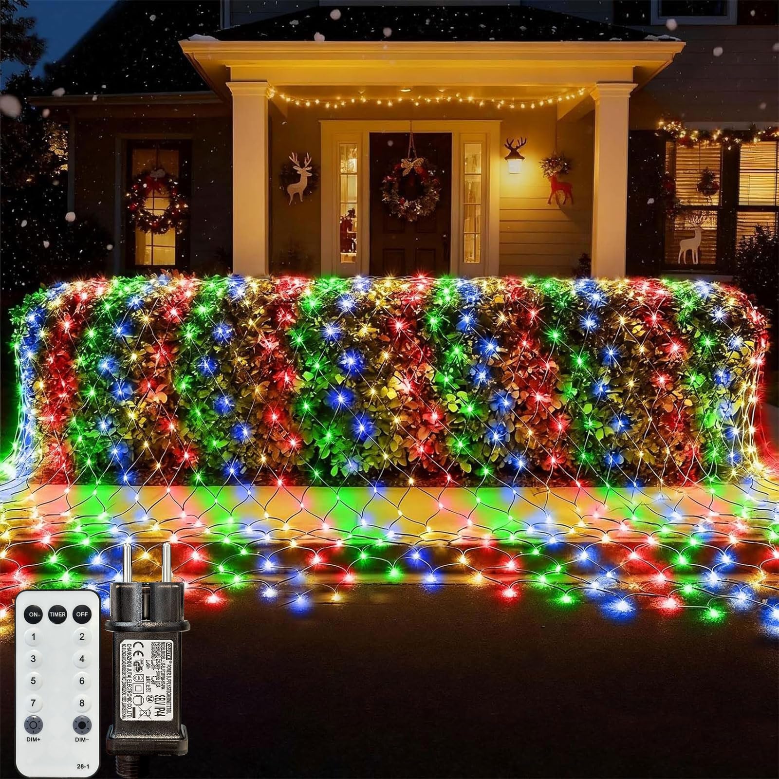 Bunte Lichternetz Außen, 6,5 m x 1,5M 360 Weihnachten Lichterkette Außen Netz mit Stecker,Fernbedienung & Timer 8 Modi,LED Netz Weihnachten für Weihnachtsbeleuchtung Büsche Garten Zimmer Balkon Wand