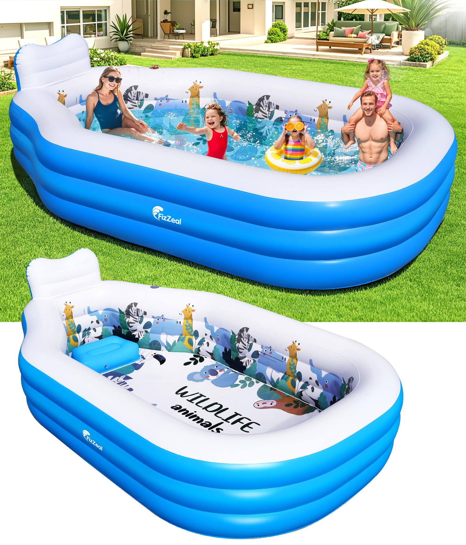 Extra Large Inflatable Swimming Pool for Kids and Adults,Thickened Adult Pool for Backyard with Seat and Backrest, Kids Outdoor Blow up Pools,118"X75"X20"Inflatable Pools for Summer (Sky Blue)
