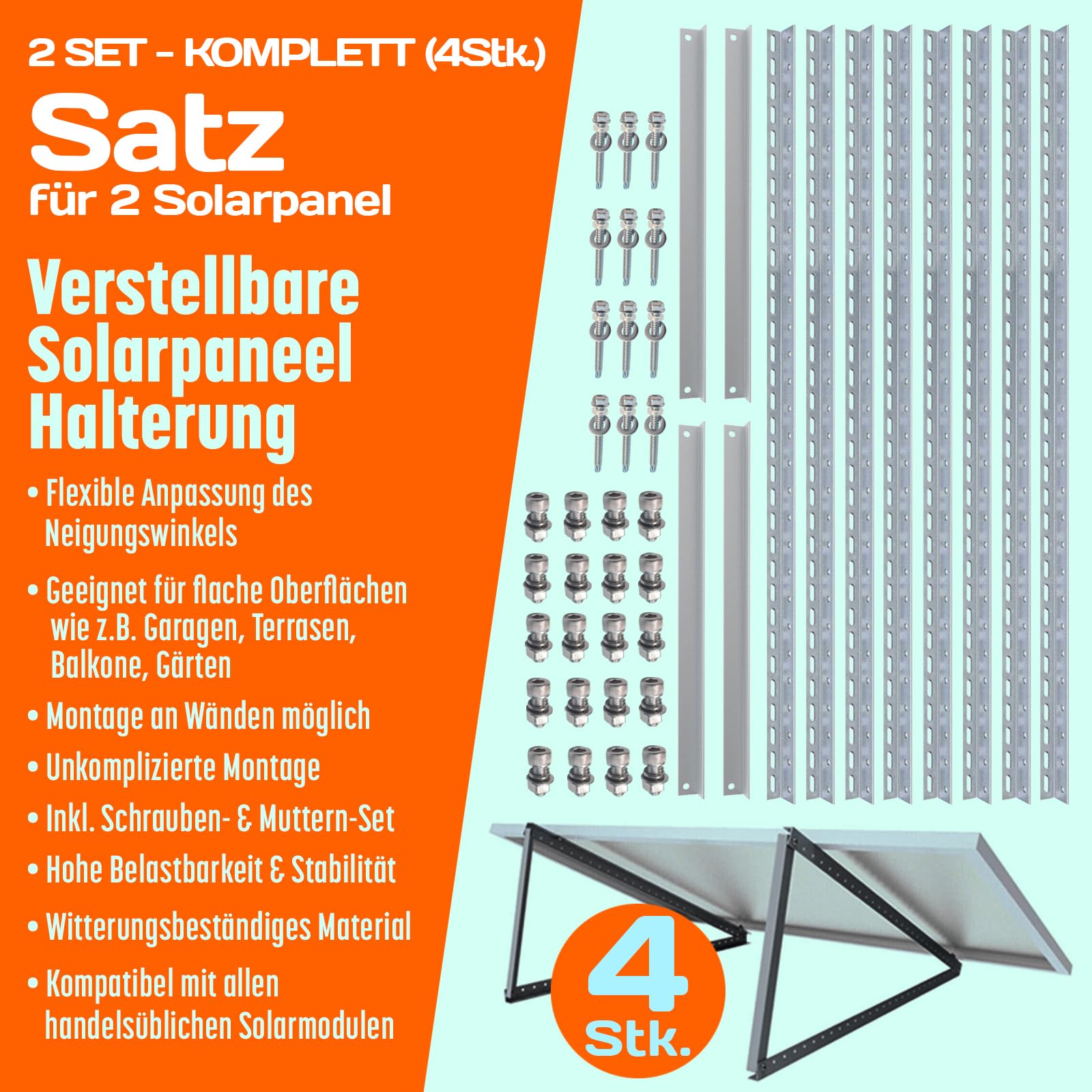 4x Solarmodul Halterung 1180mm Set Profil 40x28x3! für 2 Solarpanels Solarmodul Flachdach Aufständerung Photovoltaik Universal Balkonkraftwerk Robuste Wand Flachdachmontage, Wetterbeständig, PV Module