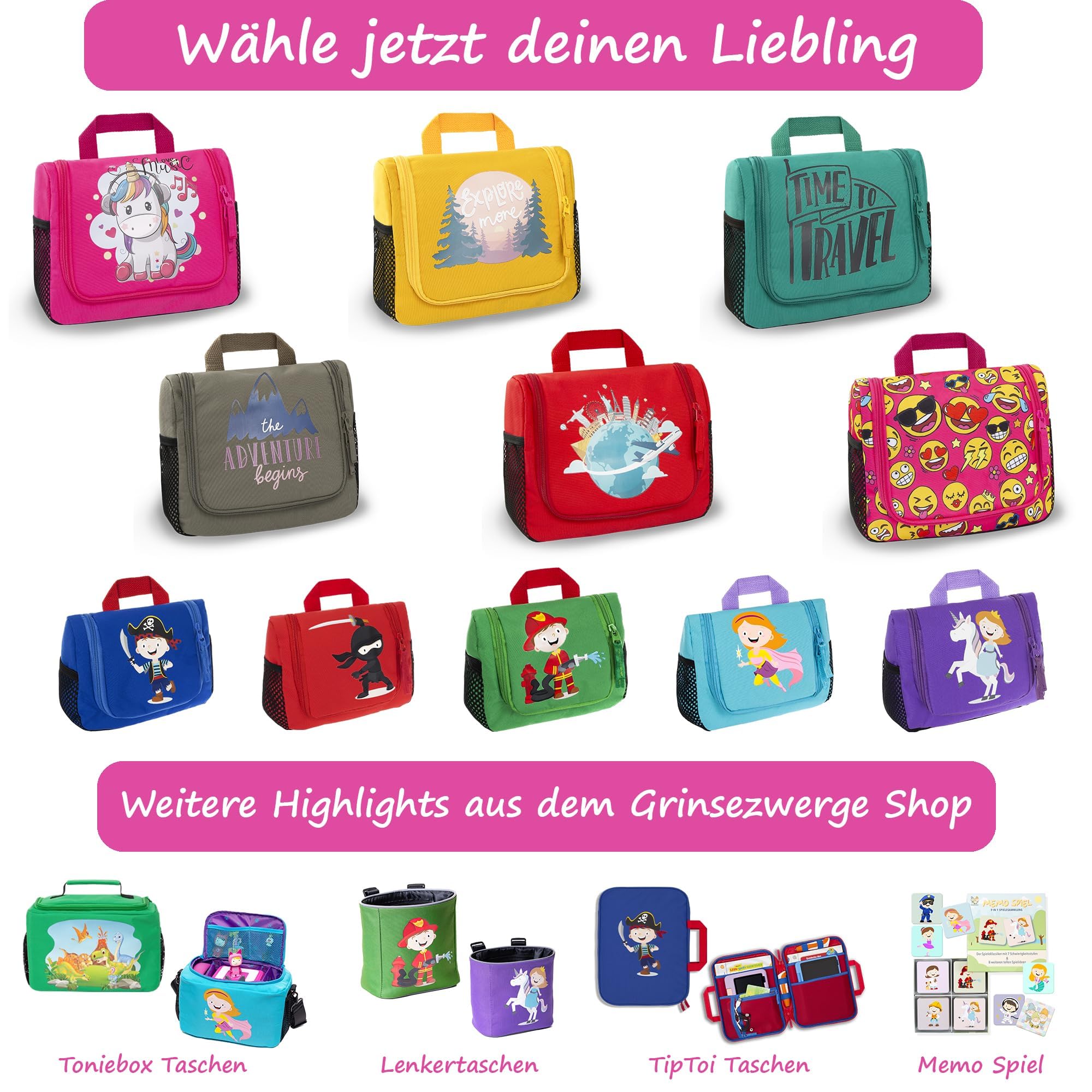 GRINSEZWERGE Kulturtasche für Kinder und Erwachsene - 12 Motive | Reise Kulturbeutel für Damen und Herren | Kosmetiktasche zum Aufhängen | Waschbeutel Waschtasche Reisetasche für Jungen und Mädchen
