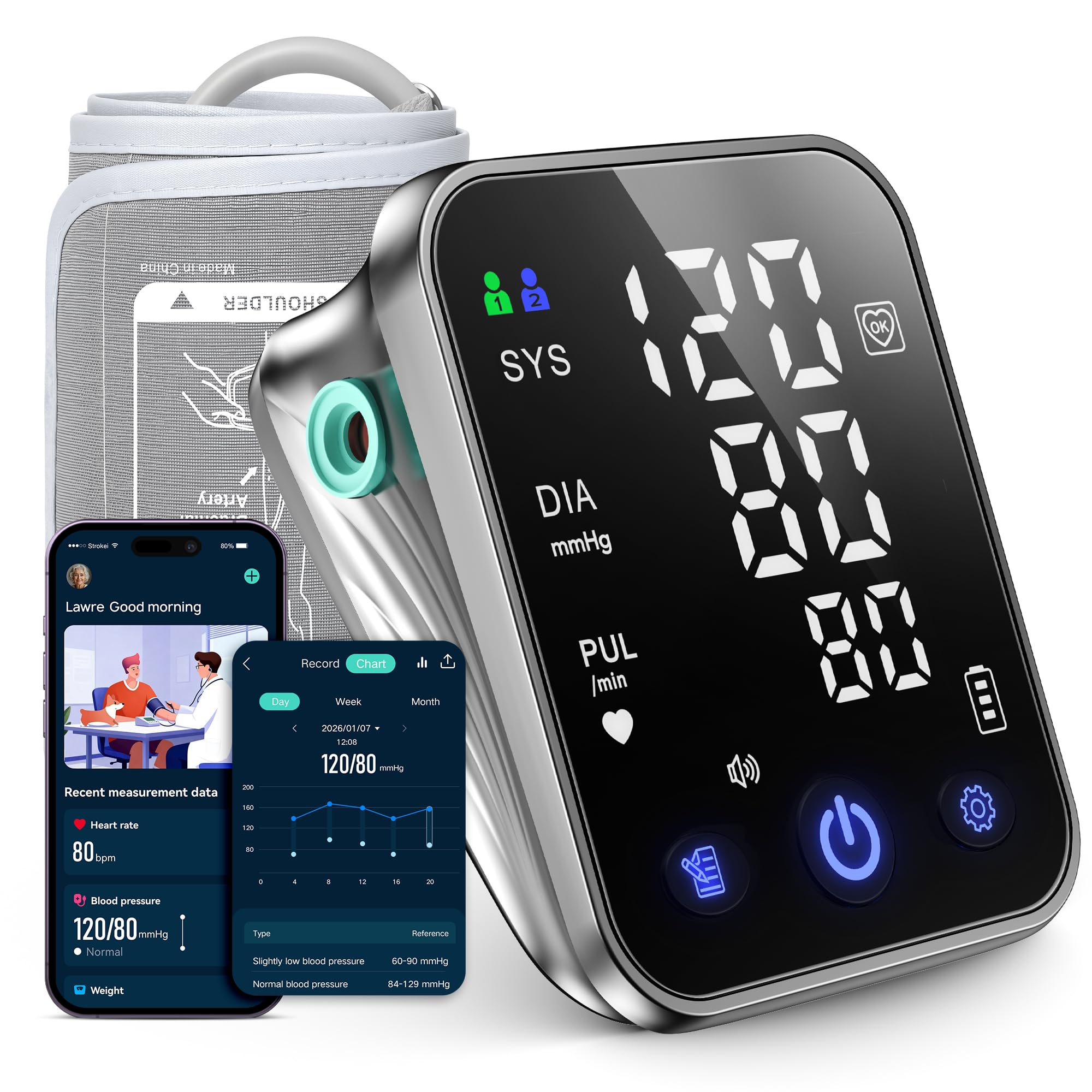 Runstar Smart Blutdruckmessgerät mit großes 5,0 3-farbiges LED-Display | 2 x 99 Messwertspeicher | Sprachausgabe | Manschettengröße 22–44 cm | App für iOS  Android