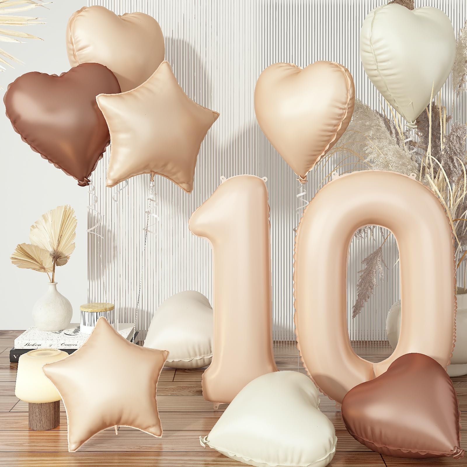 40 Inch Number 10 Balloon Decor, Cream Retro Apricot Brown Foil Neutral Heart 10 Balloons with Taupe Star Helium Balloon for Girls Boys 10th Birthday