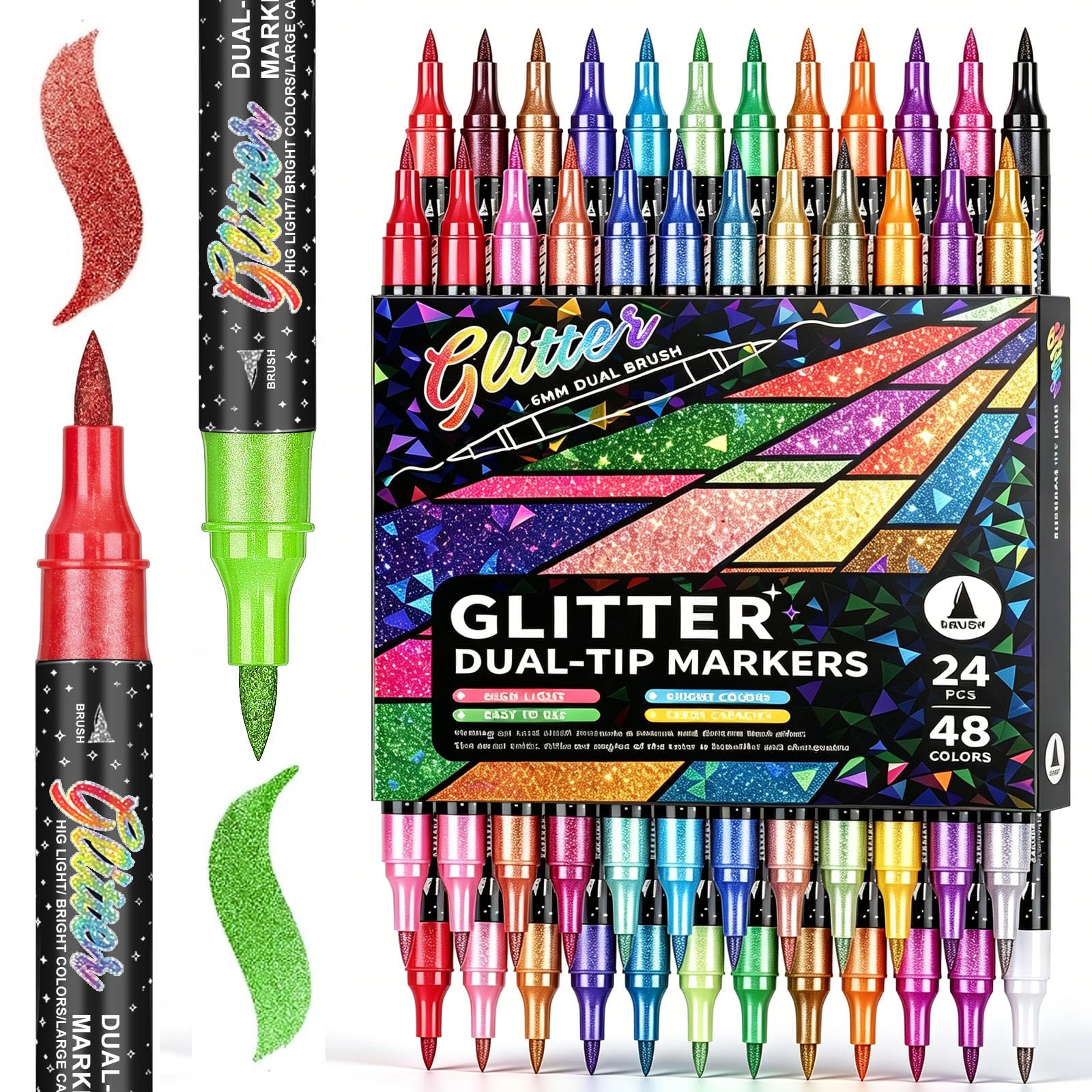 LIMSONG 48 Colour Glitter Marker Pens, 24 Double Ended Adult Colouring