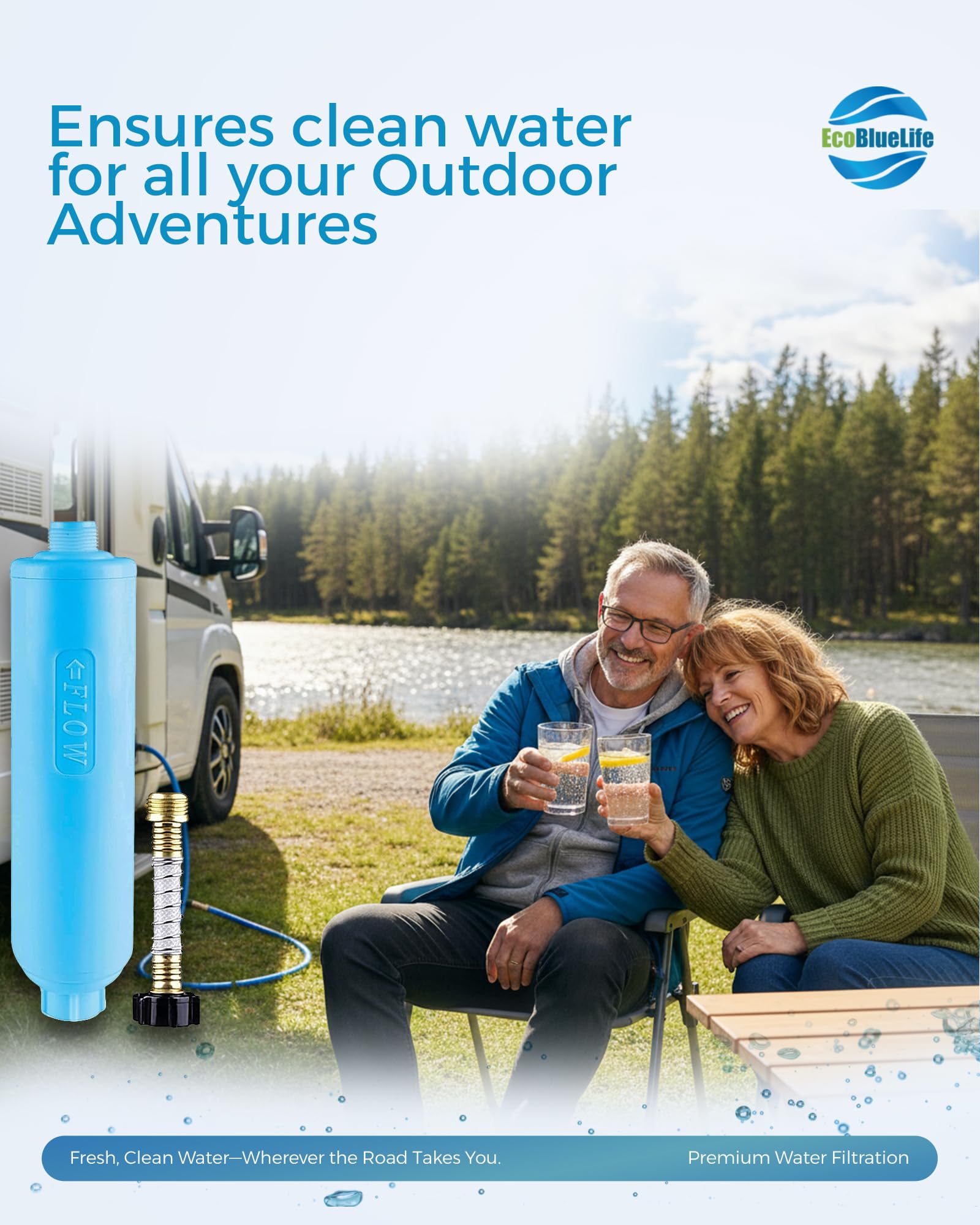 EcoBlueLife Filtro de agua en línea RV/Marine Filtro de agua con protector de manguera flexible, reduce los malos sabores, olores, cloro y sedimentos en agua potable - EBL RV1001