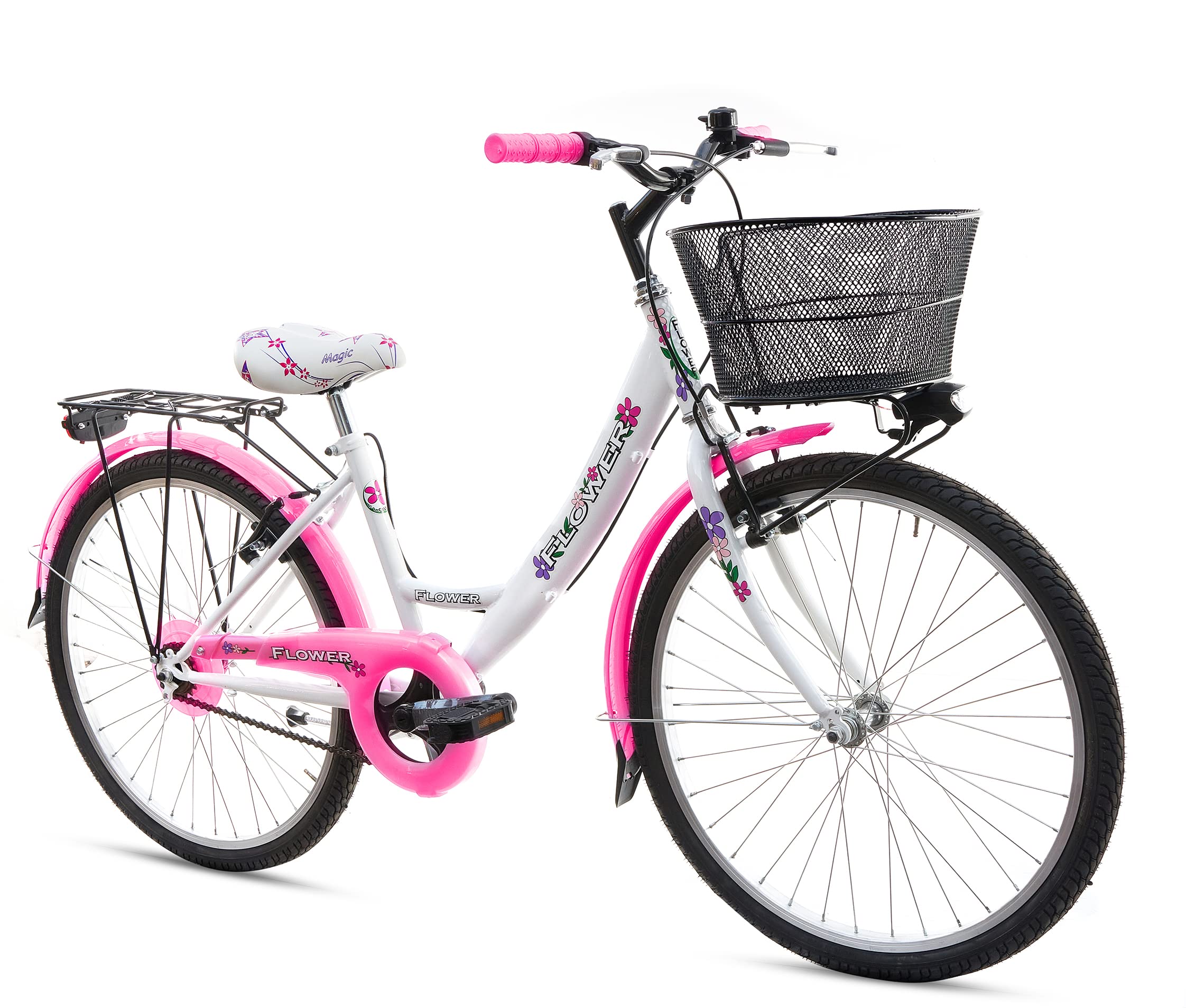 MADICKS Bicicletta Bambina Ragazza da Passeggio Misura 24 Bici con Cestino Floreale Bianco Rosa Fluo