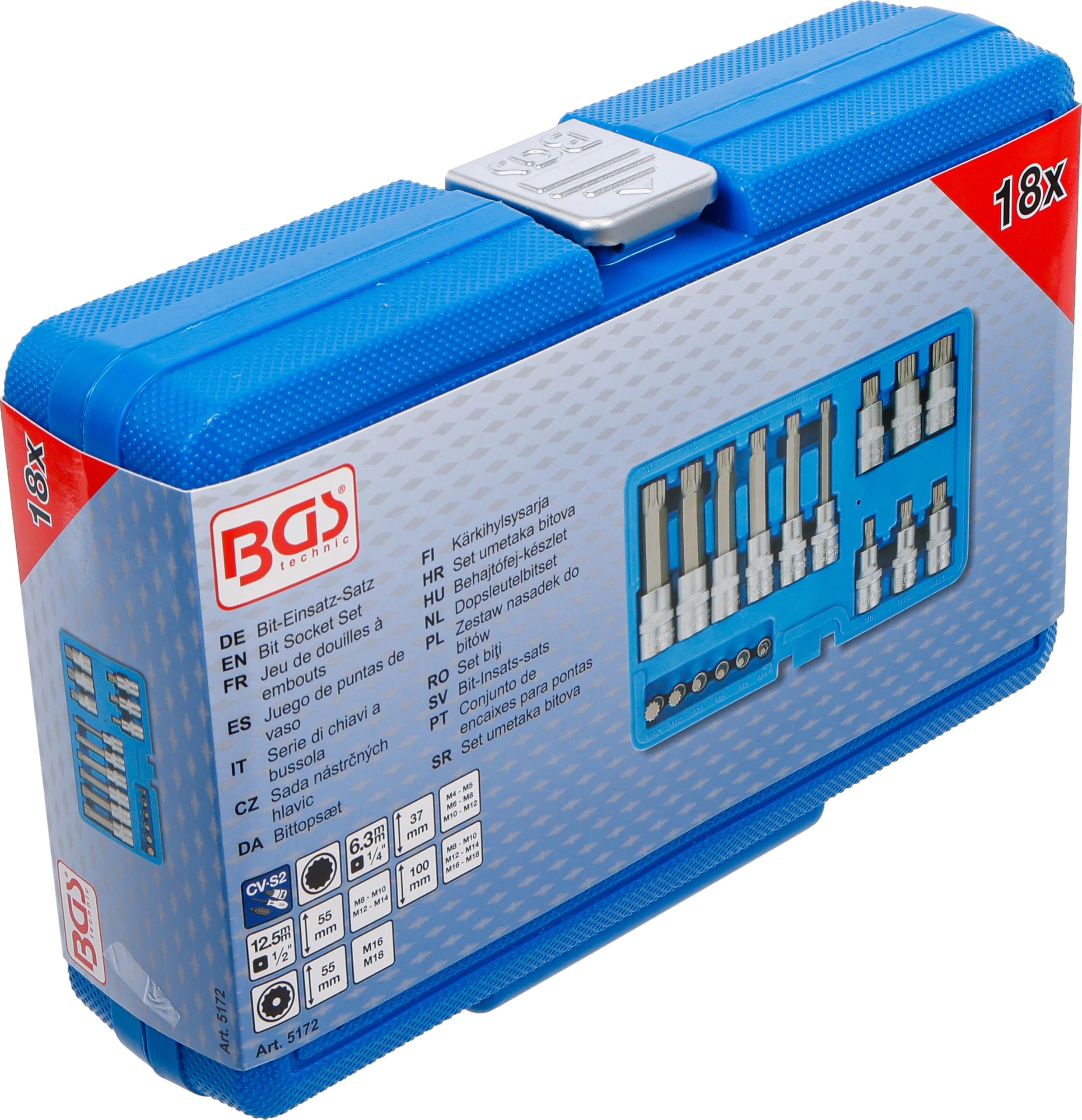 BGS 5172 | Juego de puntas de vaso | entrada 6,3 mm (1/4") / 12,5 mm (1/2") | dentado múltiple interior (para XZN) | 18 piezas