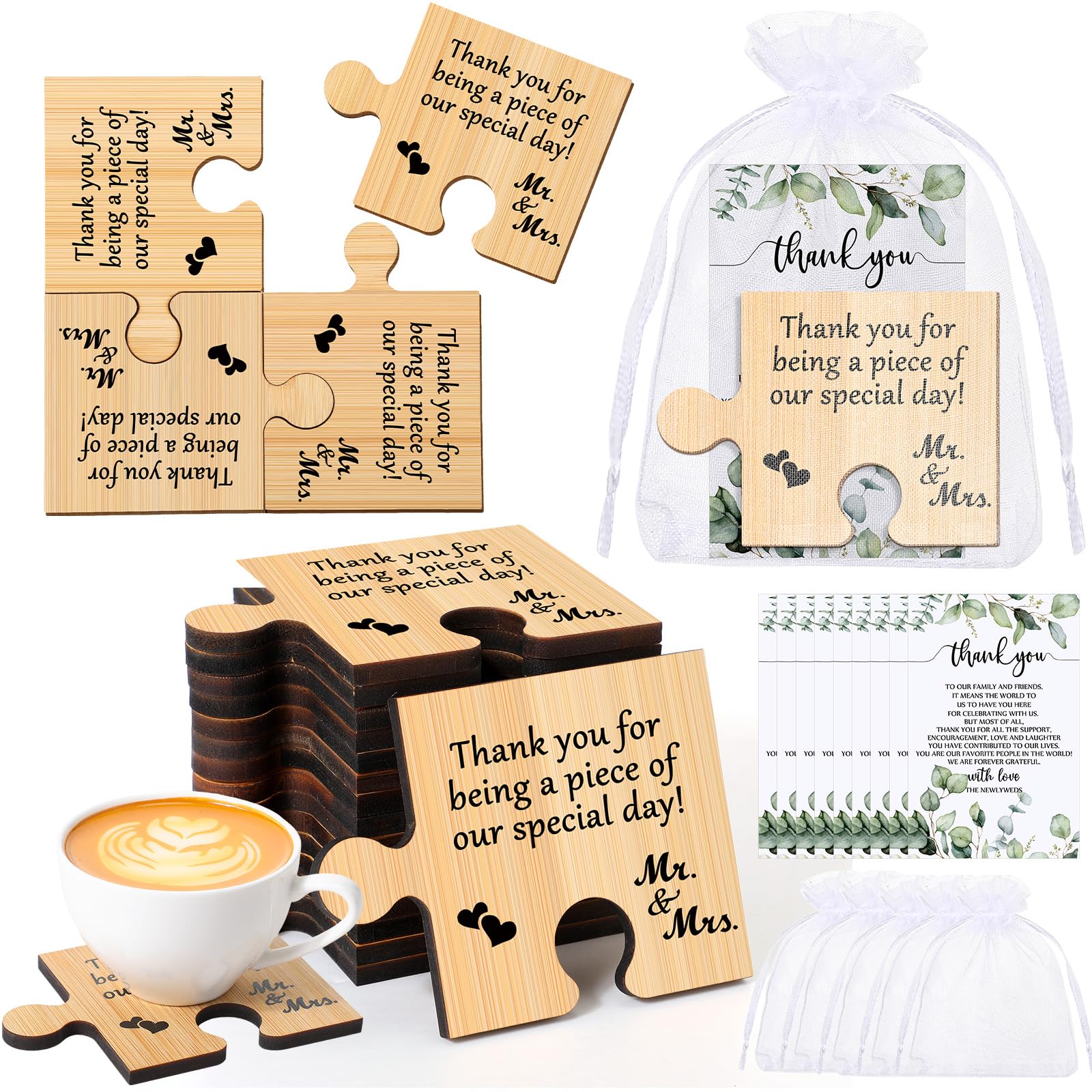 Uiifan 48 Sets Hochzeitsgeschenke für Gäste, 48 Puzzleteil-Untersetzer, Bambus-Untersetzer, 48 Hochzeits-Dankeskarten und Organza-Beutel, Hochzeitsgeschenke, Brautpartys, Gastgeschenke für Gäste,