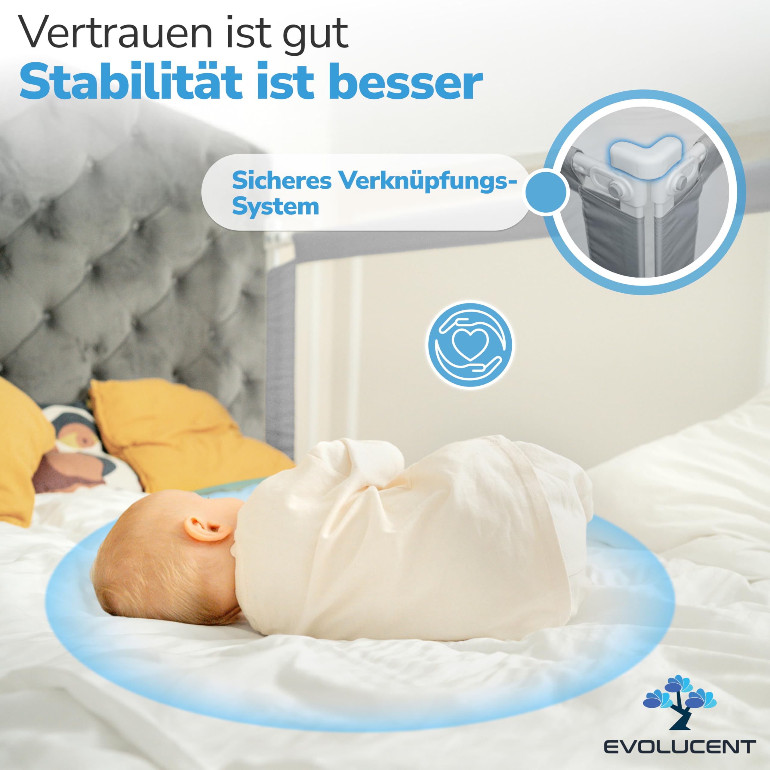 EVOLUCENT Bettgitter 200cm | Stabil ohne Verschrauben | Rausfallschutz für Boxspringbett und Elternbett | Bettschutzgitter mit Klett- und Klickgurten | Waschbares Mesh [1 Seitenteil]