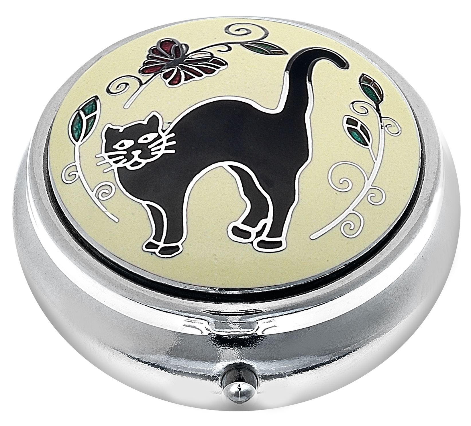 Sea Gems Presented By Celtic Glass Designs Black Pill Box In A Cat Design.