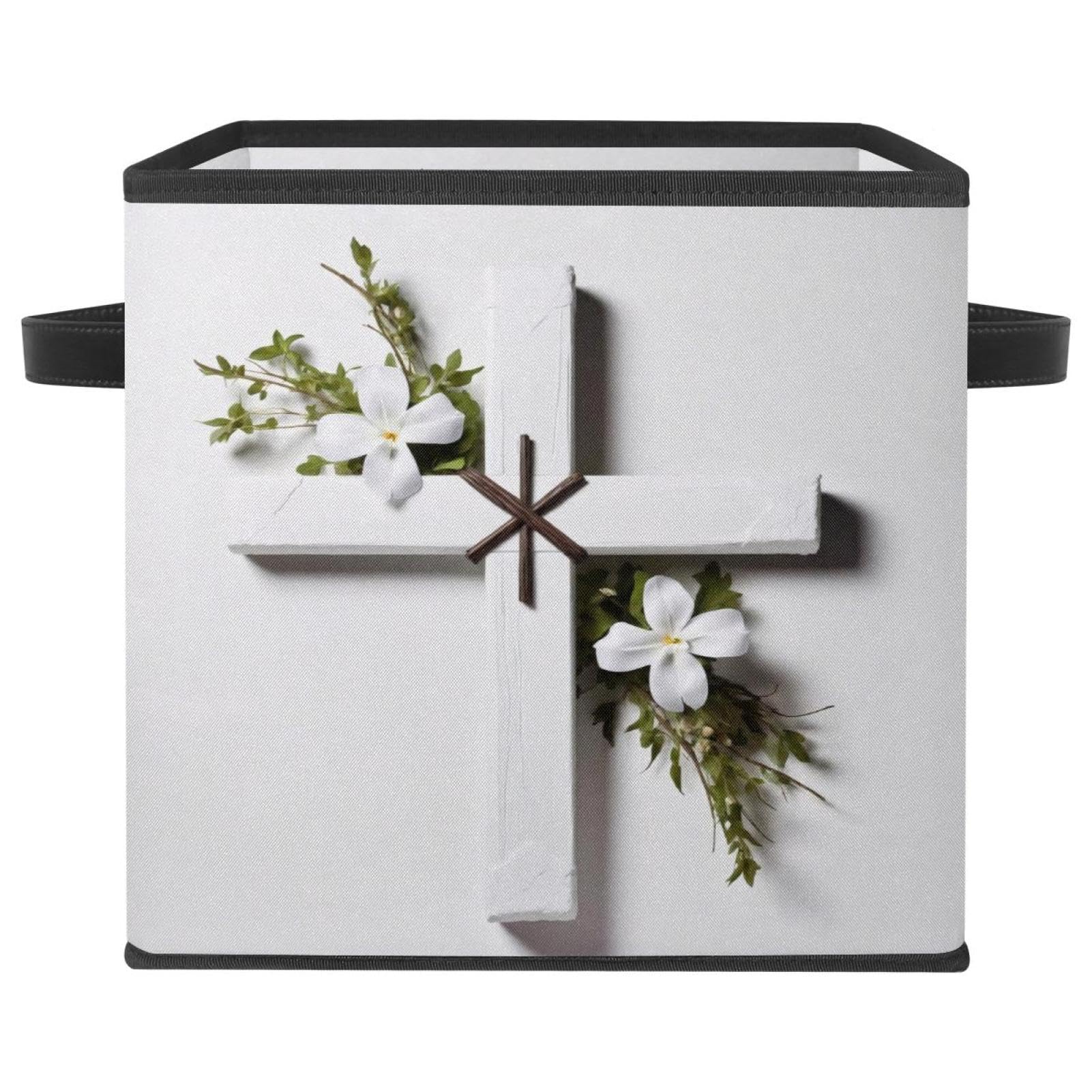 Boîte de rangement pliable en tissu blanc avec poignées cuir pour organisation maison