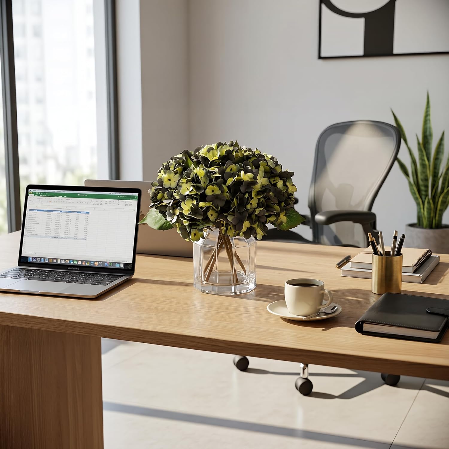 5Pcs Artificial Fake Flowers Plants Silk Hydrangea 1 Flower Head Arrangements Wedding Bouquets Decorations Plastic Floral Table Centerpieces Home Kitchen Garden (Bluish Green) - Image 7