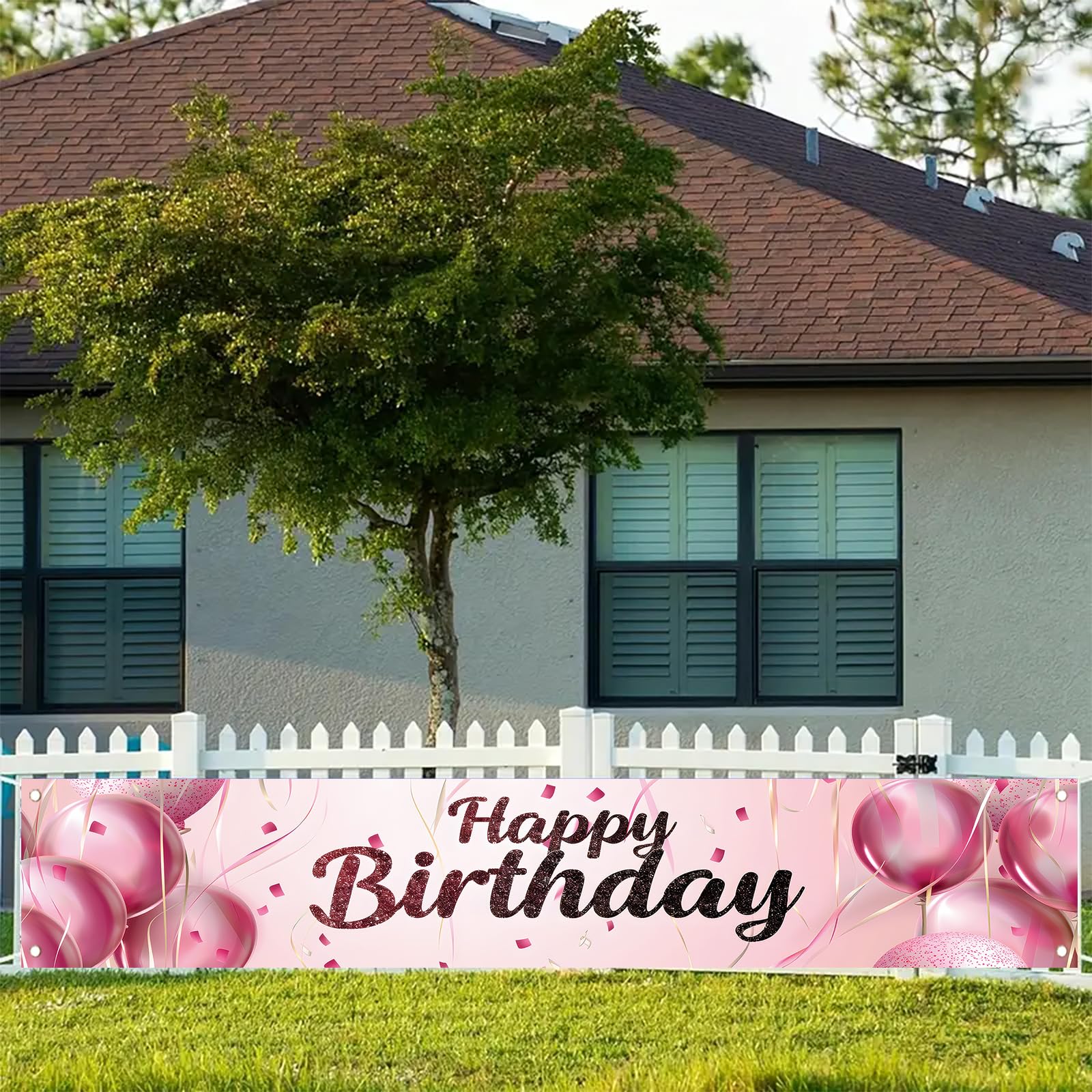 Starlit Patio Pink Happy Birthday Banner 20 x 118 Inch Elegant Party Decorations Large Birthday Backdrop Outdoor Yard Decor Rose Gold Balloon Confetti