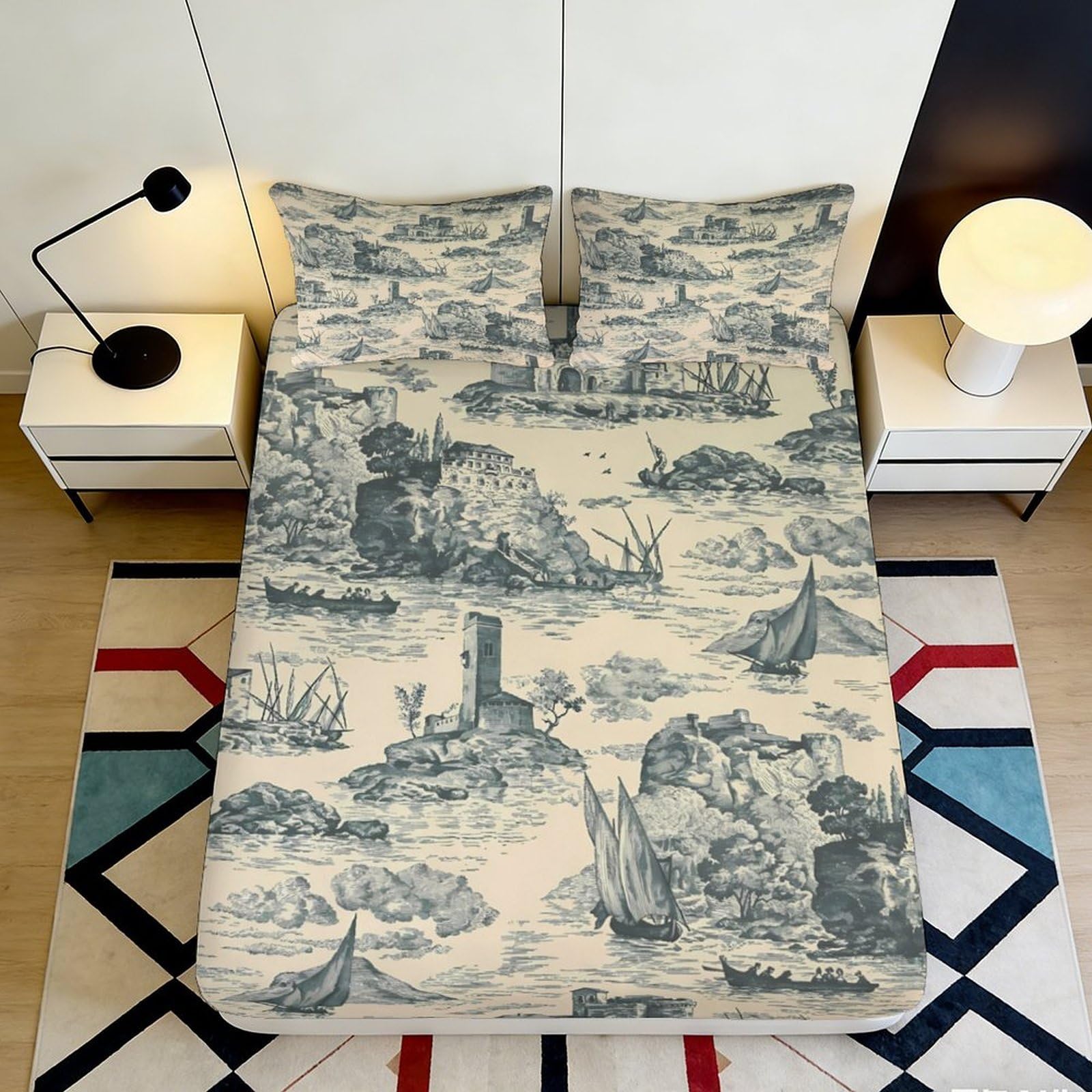 3D Printed Vintage Landscape Fitted Sheet Microfiber Soft Artistic Seaside Bed Cover for Bedroom Guest Room Decor 90x200x25cm
