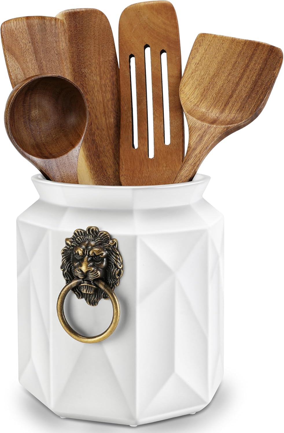2026 Upgraded Kitchen Utensil Holder with Lion Head Decor - Vintage Industrial Farmhouse Ceramic Utensil Crock, Large Capacity Anti-Tip Countertop Organizer for Spoons & Spatulas(Matte White)