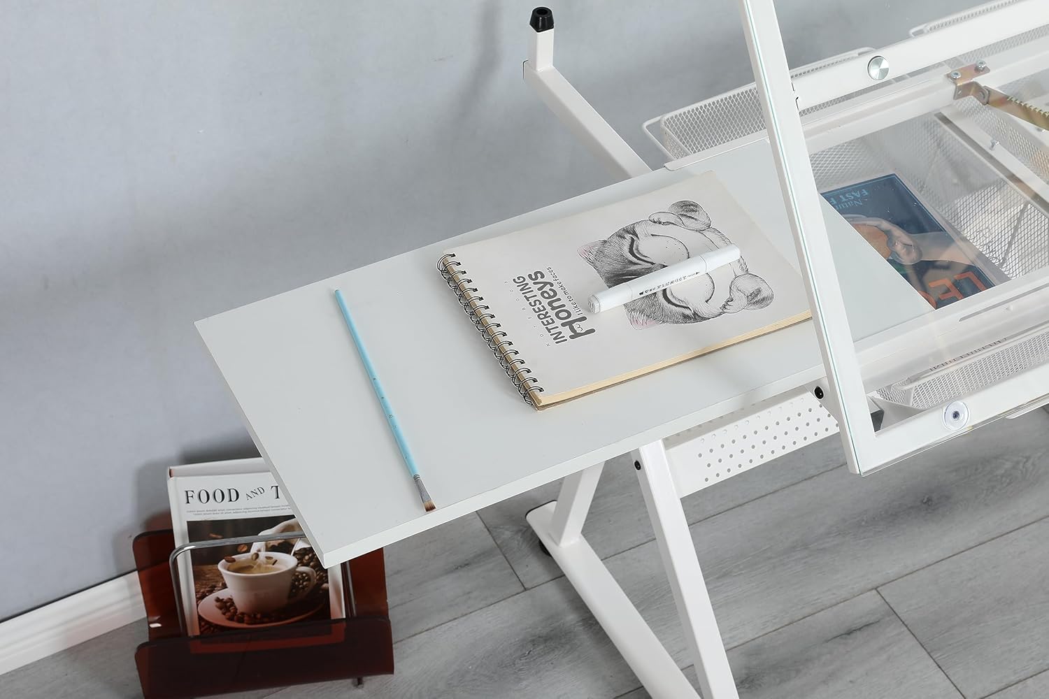 Drafting Table with Storage for Adults, Adjustable Height Painting Art Desk with 1 Chair, Tilting Glass Drafting Printing Table and Stool Sets with 2 Drawers for Home Office, White