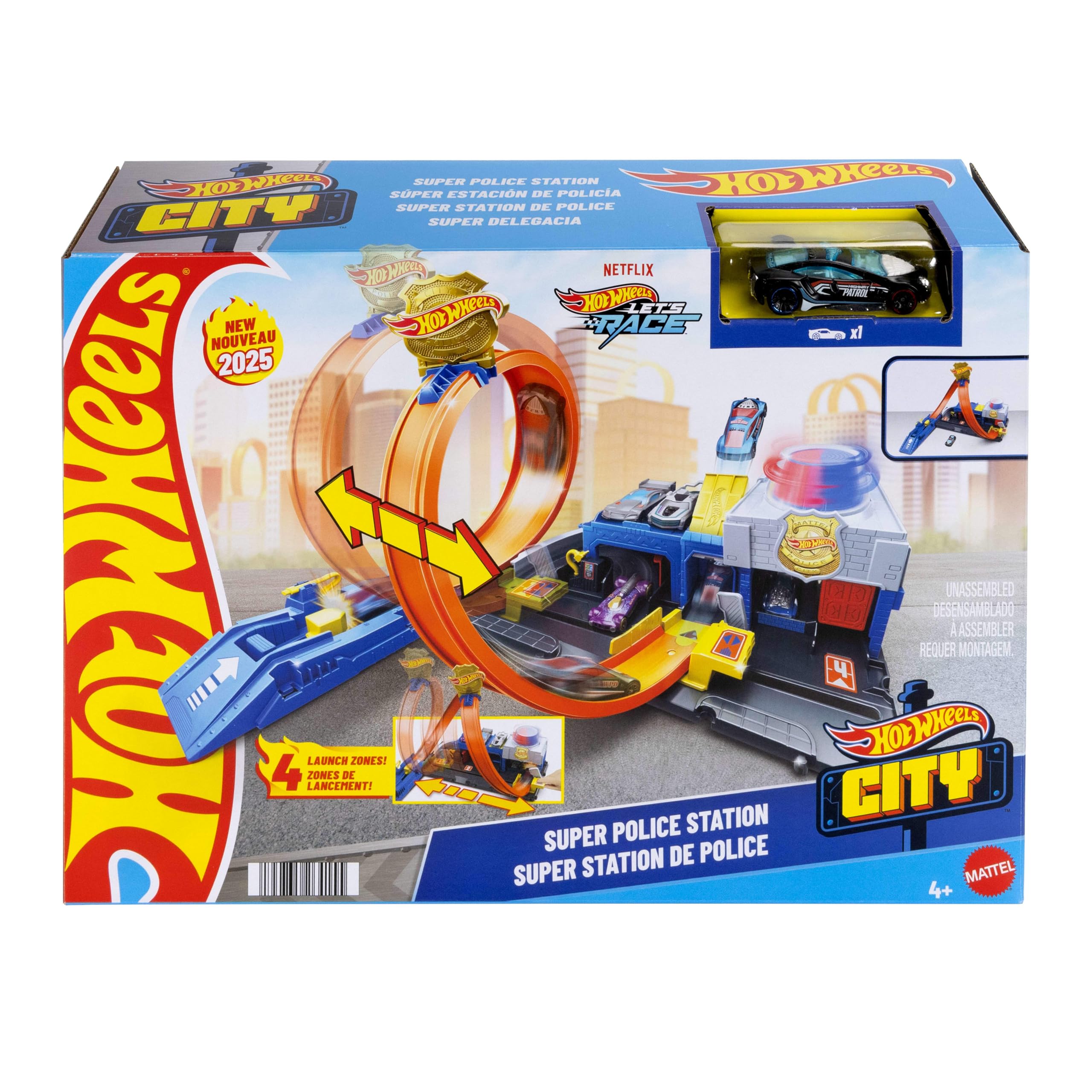 Hot Wheels City - Super Stazione di Polizia, playset regolabile con 4 corsie della pista regolabile per loop e acrobazie, macchinina inclusa, giocattolo per bambini, 4+ anni, JBM71