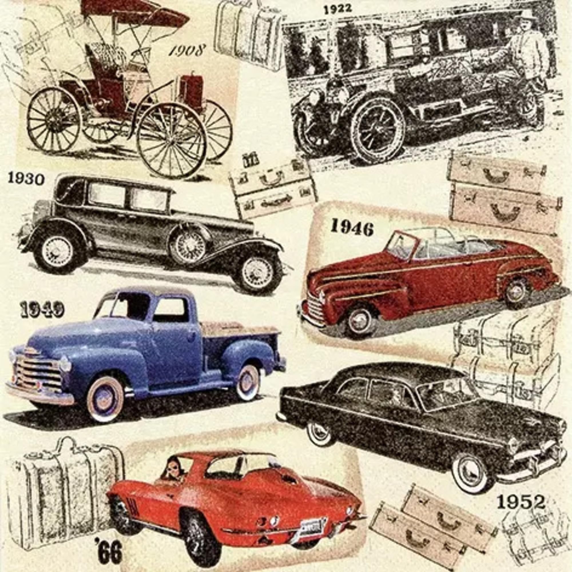 Set of 2 Individual Decoupage Paper Party Napkin Classic Cars Autos Old Watercolor Decor Luncheon Napkins for a Birthday Holiday, Wedding, Cocktail Party