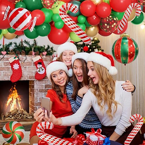 Miniatura 6 de Kit de guirnalda de arco de globos de Navidad, 192 unidades, bastón de caramelo, bola de reno, caja de regalo, globos rojos, verdes y dorados, para