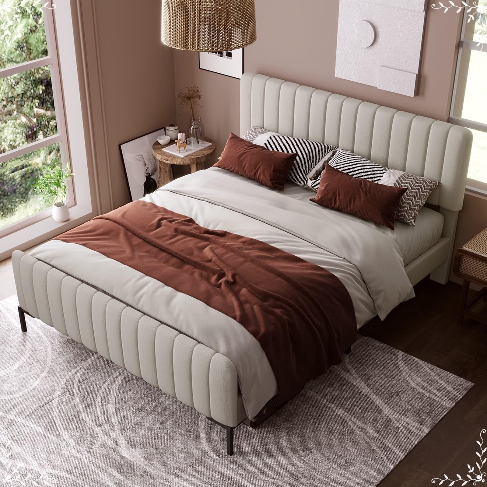 Daesar Letto Matrimoniale 180x200, Giroletto con Rete A Doghe e Testiera Regolabile, Letti Imbottiti In Lino, per Adulti e Bambini, Beige (Senza Materasso)