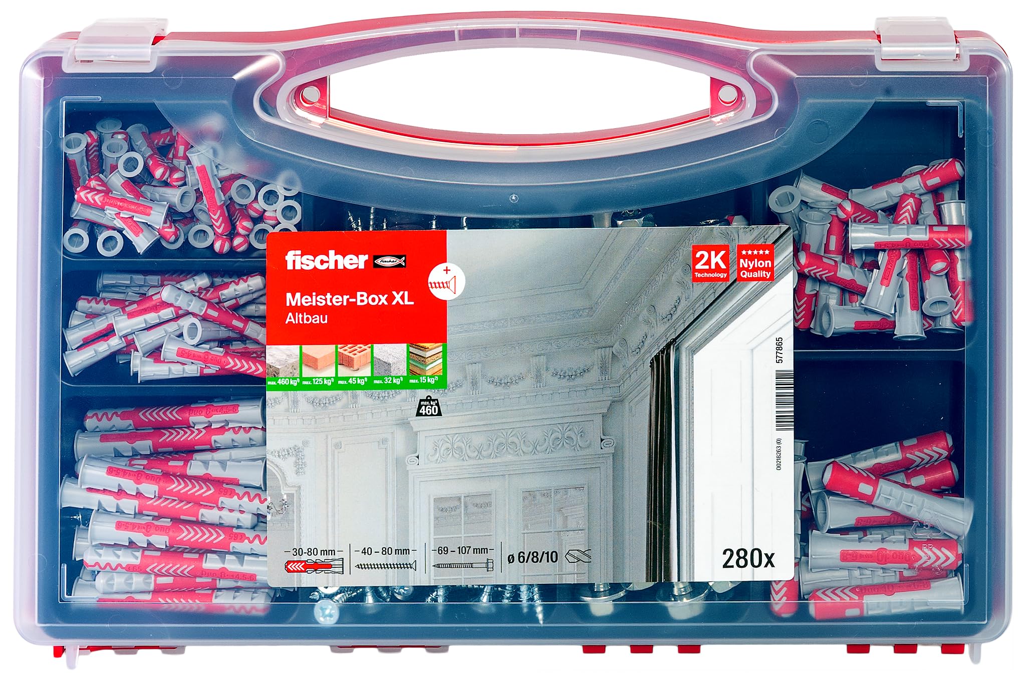 Fischer Meister-Box XL Altbau, 280 pièces de chevilles et vis, diamètre 6-10 mm, longueur 30-80 mm, pour bricoleurs et professionnels, chevilles universelles DuoPower, idéales pour les murs et les