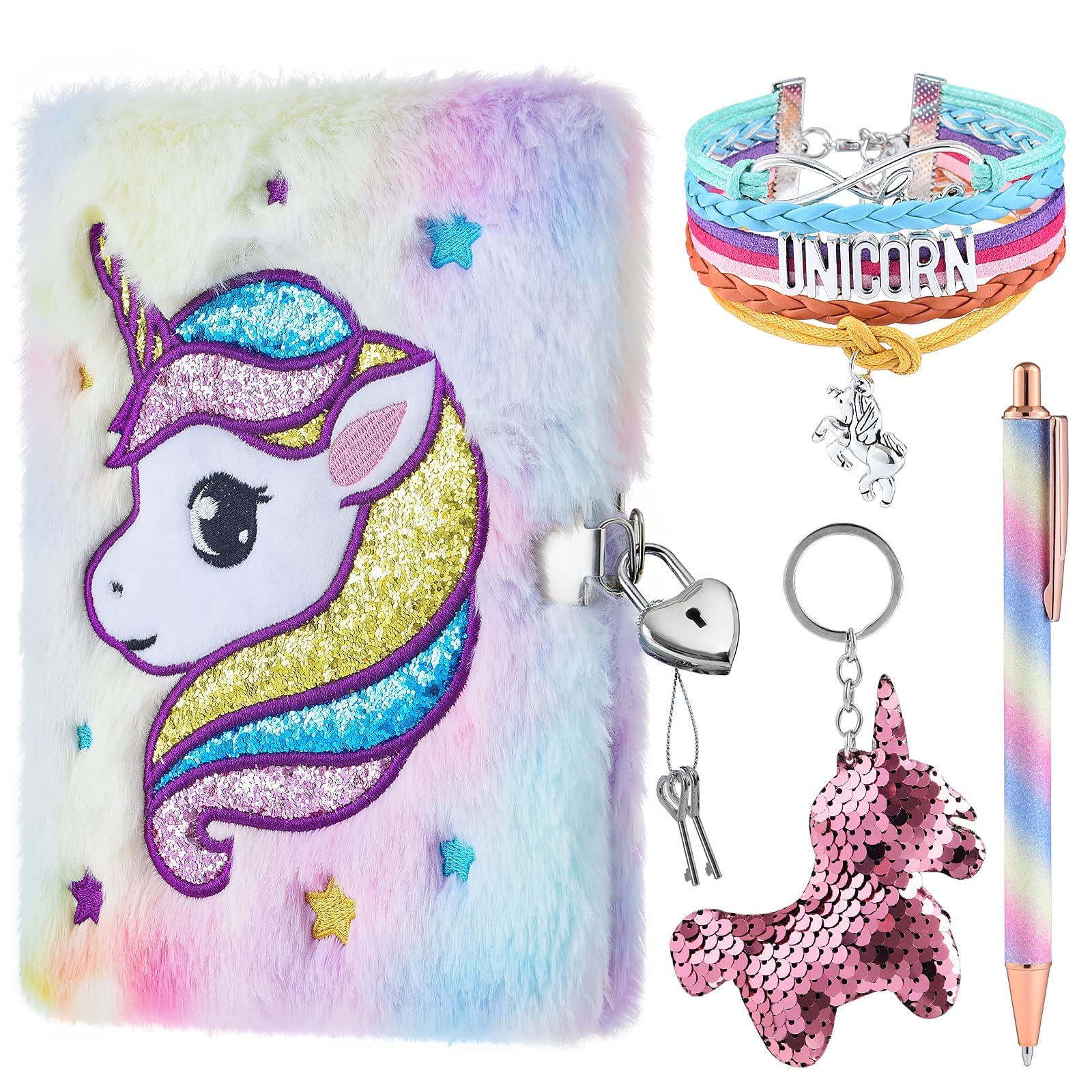 Juego de Diario de Unicornio de Felpa - Diario Secreto Niña Diario con Candado Diario de Viaje Escolar Bloc de Notas Bolígrafos Llaveros Pulseras Cerraduras Llaves Diarios para Niñas Material Escolar