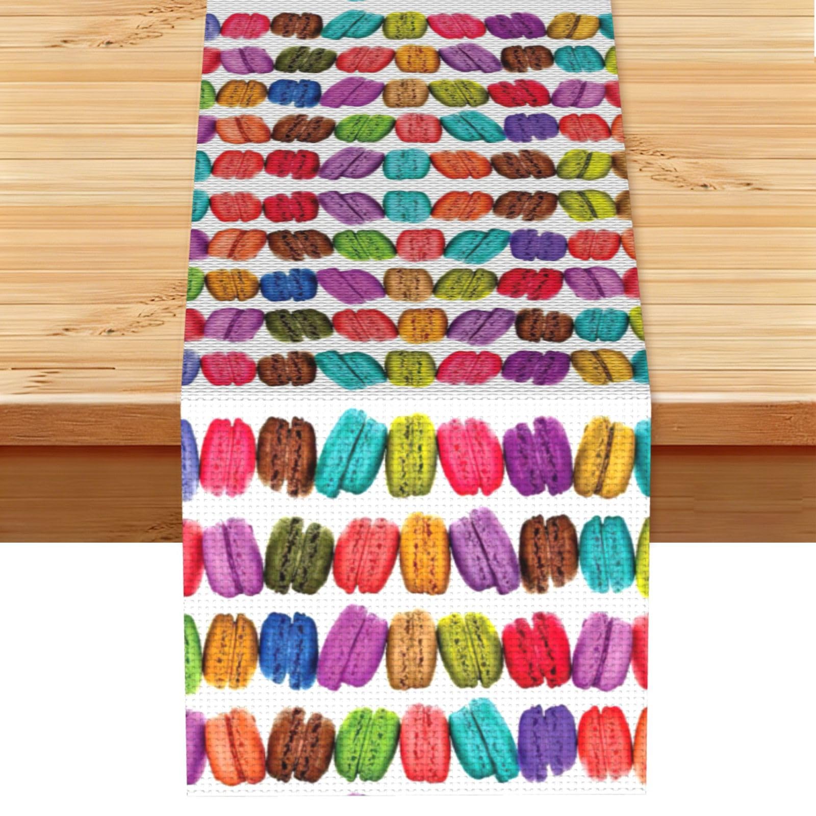 Macaron Biscuit Flavored Pastries Printed Dining Table Runner 13x72 Inch, Non-Fading Decor for Kitchen Dresser Fireplace Mantel