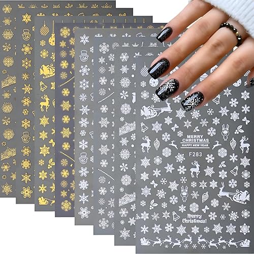 8 hojas de calcomanías de arte de uñas de copo de nieve, color blanco y dorado, calcomanías de uñas de Navidad autoadhesivas 3D, calcomanías de uñas