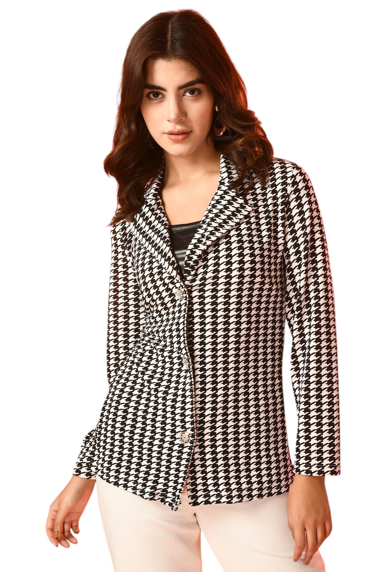 Women’s Houndstooth Printed Long Sleeve Blazer Shrug | Stylish Black & White Check Pattern Open Front Coat for Office & Casual Wear