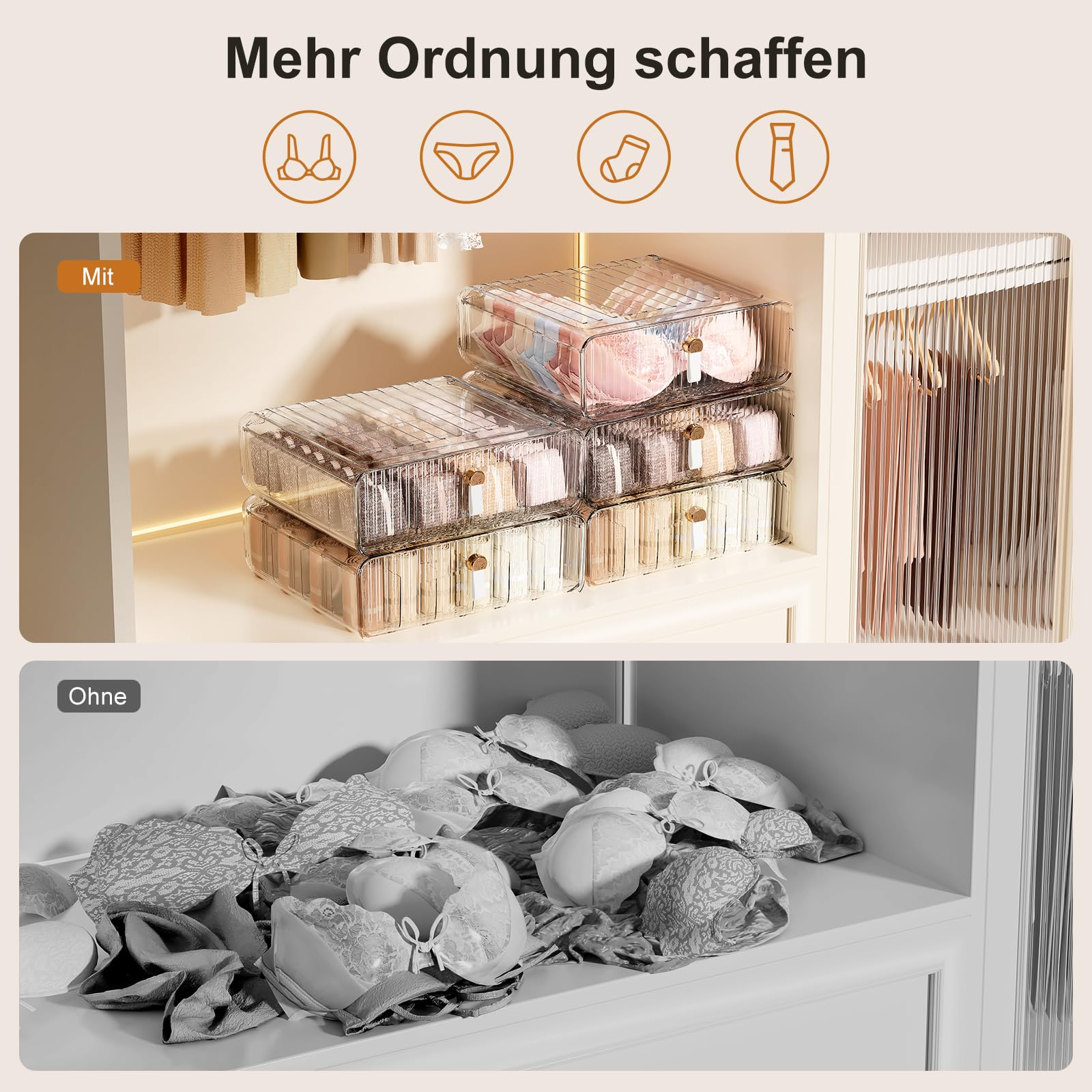 Unterwäsche Organizer Schublade Aufbewahrung stapelbar Kunststoff Schublade Organizer mit Trennwänden Aufbewahrungsschublade für BHs Socken Krawatten Gürtel Babykleidung, 16 Fächer