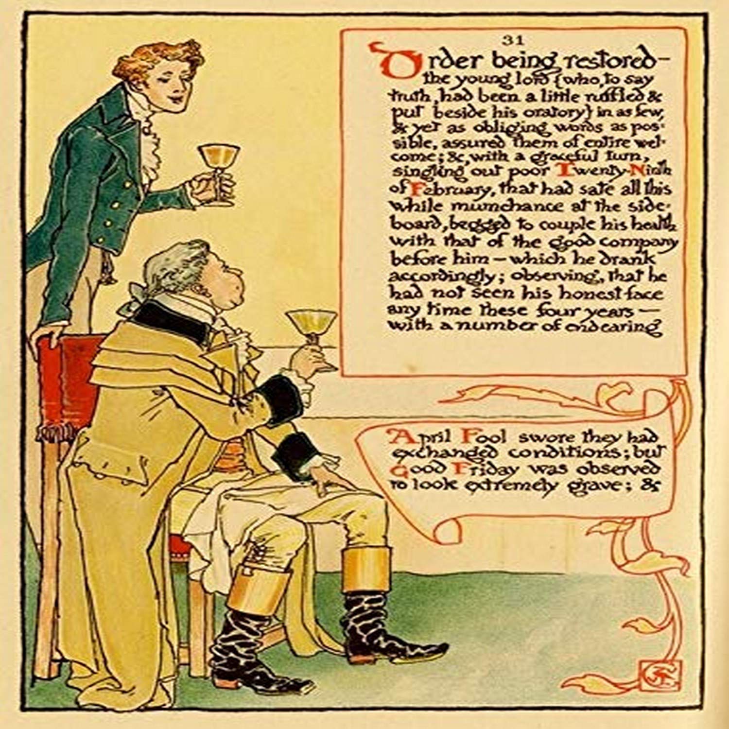 Illustration art from Page 31 from Walter Cranes 1901 book Masque of Days Walter Crane (1845 ? 1915) was an English artist and book illustrator He was a major contributor to the childs nursery motif