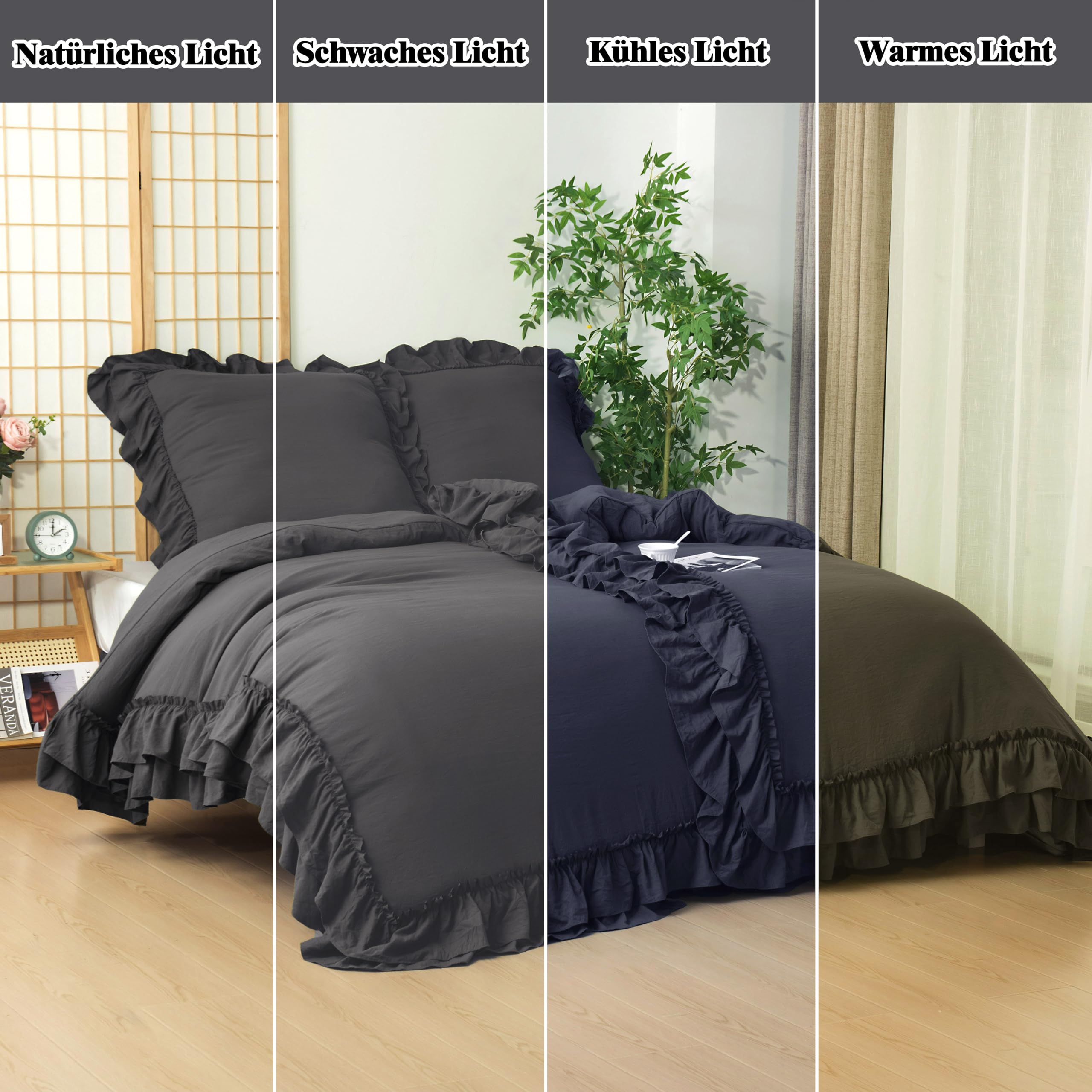 HIG Rüschen Bettwäsche Set 135x200cm 4teilig Dunkelgrau, Superweiche Mikrofaser Oeko-TEX Zertifiziert, 2 Bettbezug 135x200 mit Zwei-Wege-Reißverschluss, 2 Kissenbezug 80x80cm, Vintage Romantisch Look