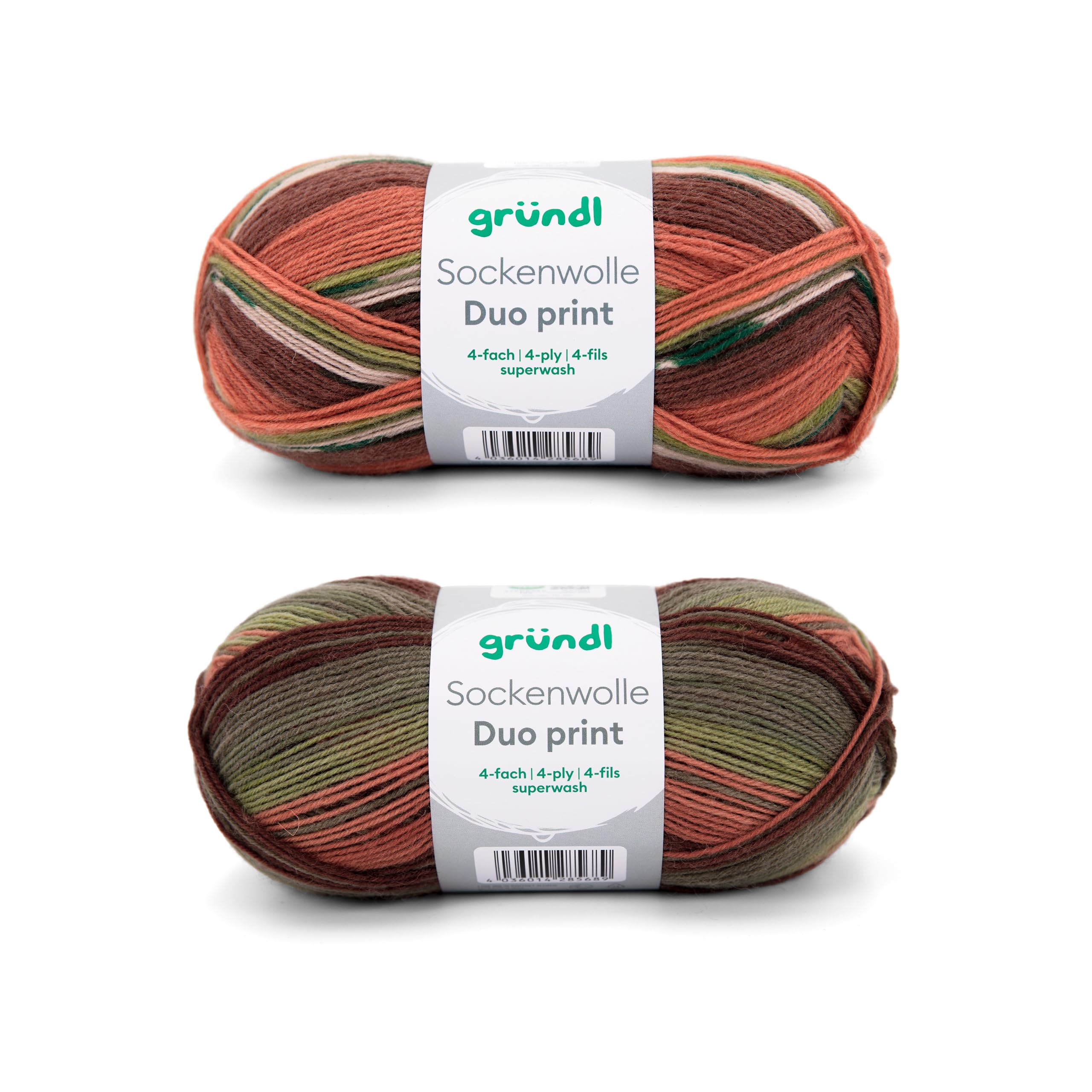 Gründl Wolle Sockenwolle Duo - Strickgarn für 2 Paar Socken - Strapazierfähig und hautfreundlich - 75% Schurwolle, 25% Polyamid - 2 Knäuel 100 g / 420 m - Nadelstärke 2,5-3 - orange-grün-braun