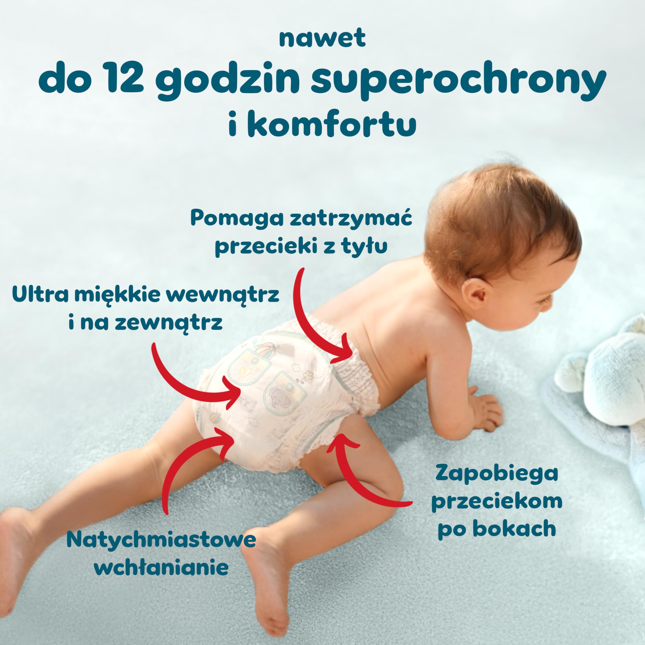 Pampers Premium Care Pieluchomajtki Rozmiar 6, 72 szt., 13kg-19kg, pełne dopasowanie 360° i miękkie osłonki wokół nogawek zapewniają największy komfort i najlepszą ochronę