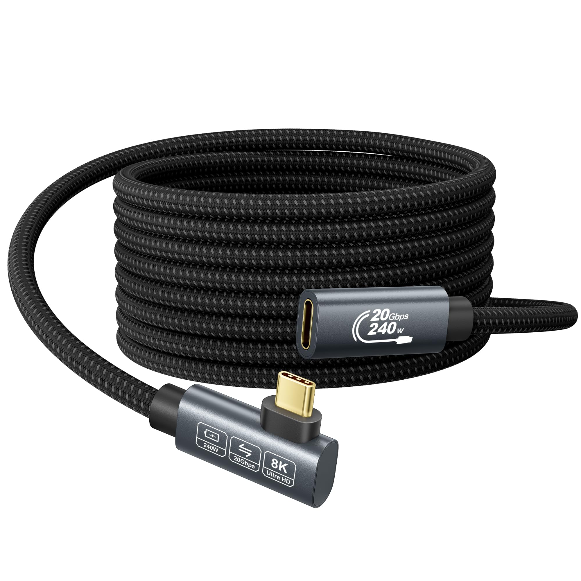 EUDOBEL 4K USB C Verlängerung 5m, (USB 3.2 20Gbps Typ C-Verlängerung, PD 3.1 240W 5A, Winkel 90 Grad), Video 8K@30Hz, 4K@144 Hz/60Hz USBC Verlängerungskabel für PSVR2, iPad, MacBook, Dell XPS, Switch