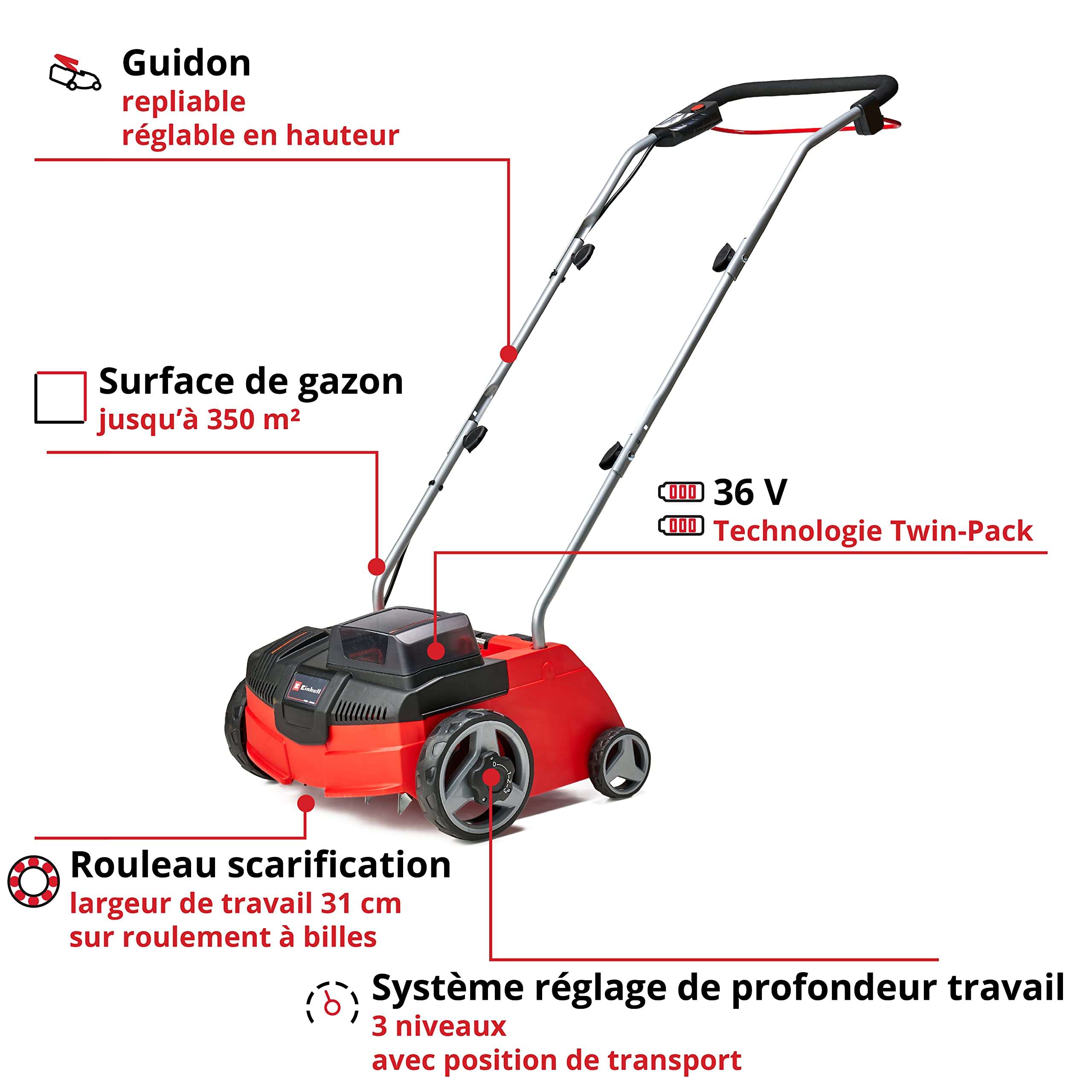 Einhell Scarificateur sans fil GC-SC 36/31 Li-Solo Power X-Change (lithium-ion, outil combiné 3 en 1, moteur en série, rouleau de scarification sur roulement à billes, sans batterie et sans chargeur)