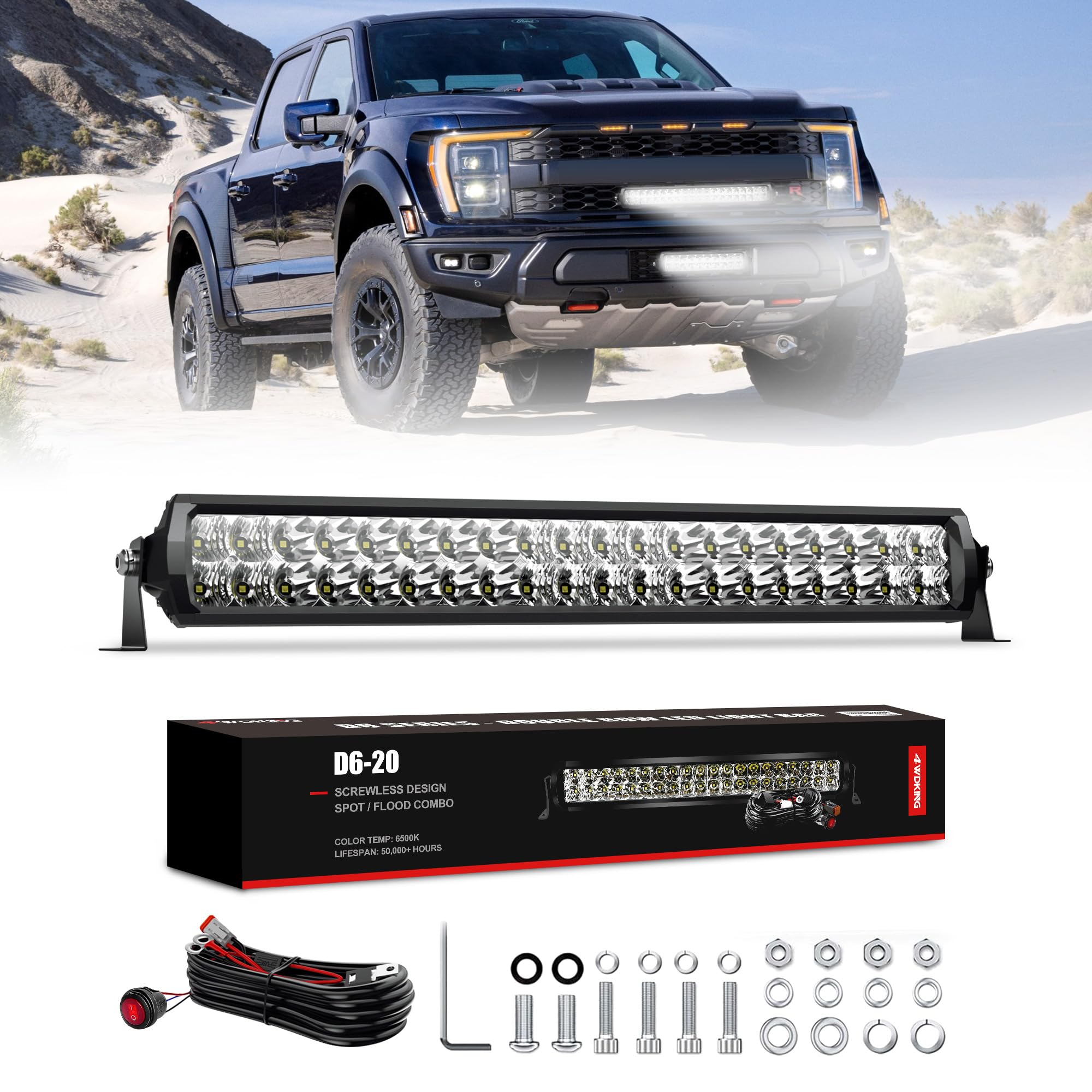 4WDKING LED Light Bar 20 inch Dual Row Light Bar with DT Connector Wiring Harness Kit 120W Flood and Spot Combo Beam Work Light for Truck Cars ATV UTV