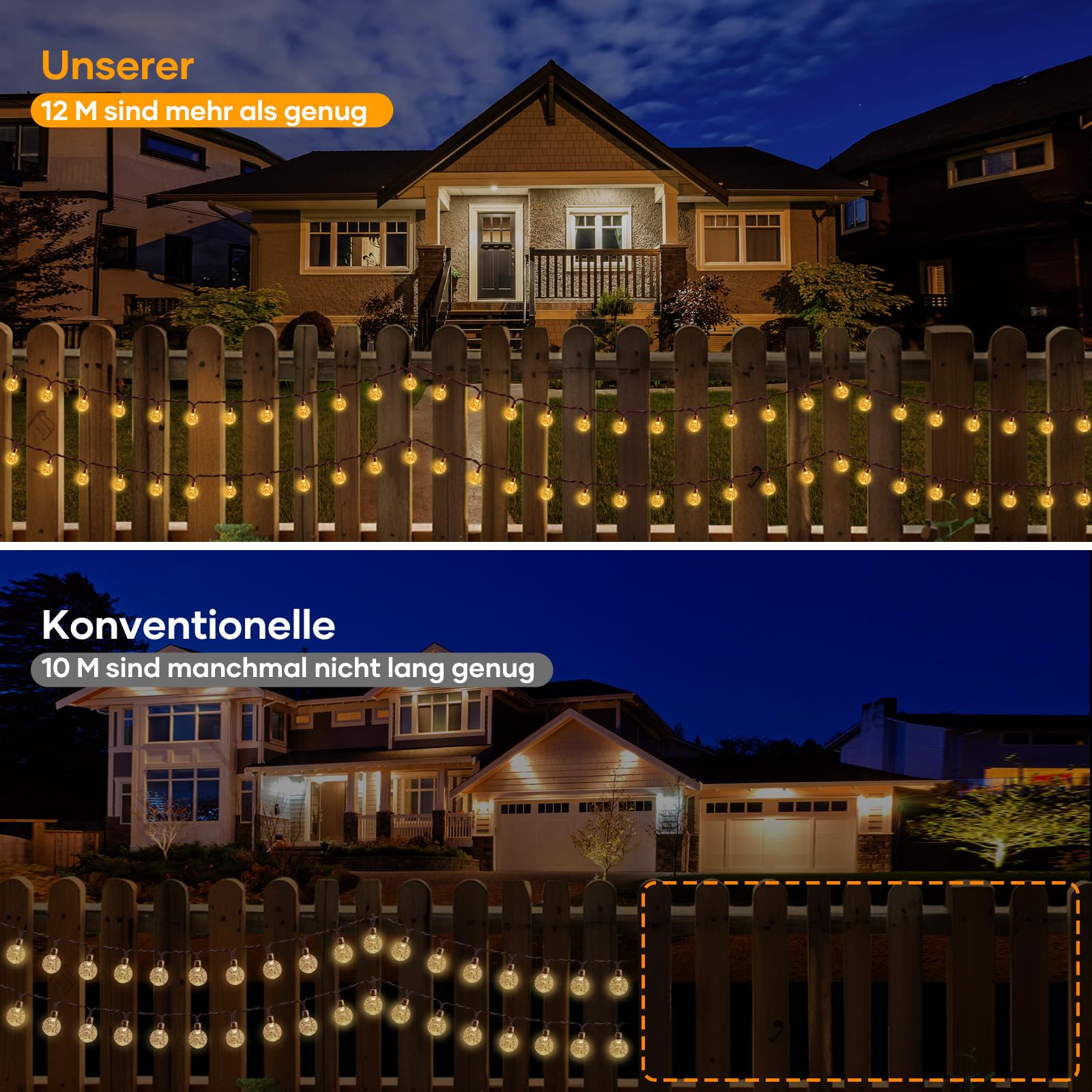 Suright Catena Luminosa Esterno Solare, 14 M, 60 LED, 8 Modalità, IP 65 Impermeabile Luci Solari Da Giardino,Per Giardino,Balcone,Terrazza, Natale, Matrimoni, Feste, Alberi(Bianco Caldo)