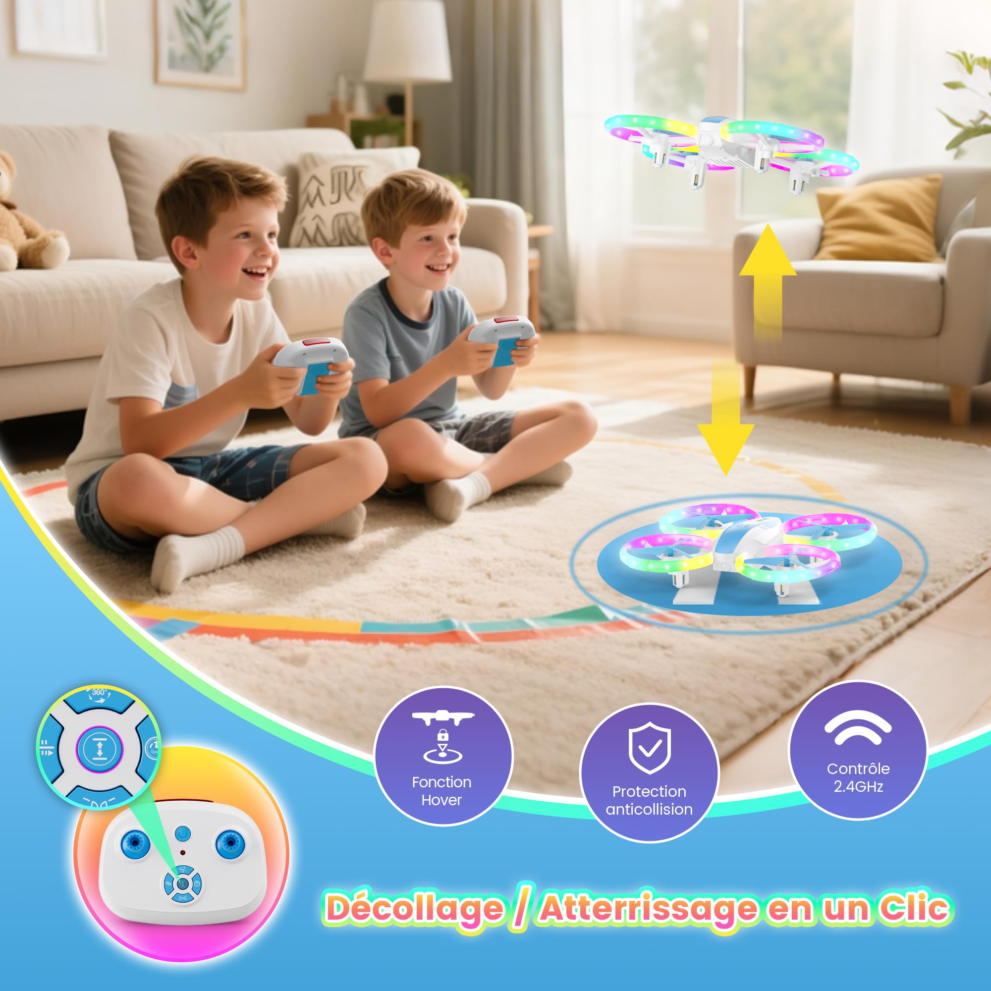 Drone Enfant Mini Avion Télécommandé avec Lumières LED 360°Rotation 2 Batteries Jouet Cadeau pour Garçons et Filles Bleu
