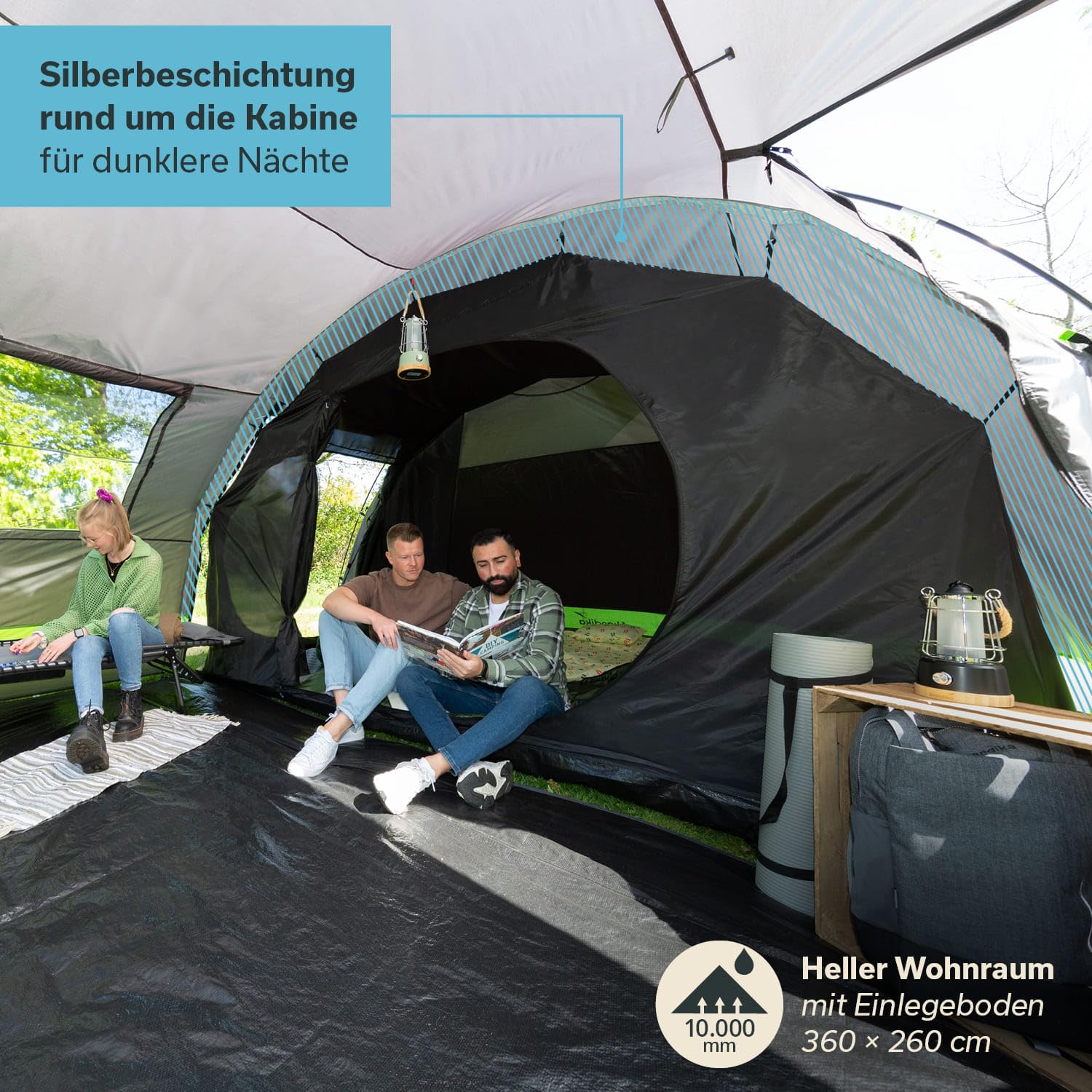 Skandika Kambo Tunnelzelt für 6 Personen | XL Familienzelt für Camping, 2 m Stehhöhe, Dunkle Schlafkabine, wasserdicht, 3000 mm Wassersäule, Sonnendach | großes Campingzelt, Festival Zelt für 6 Mann