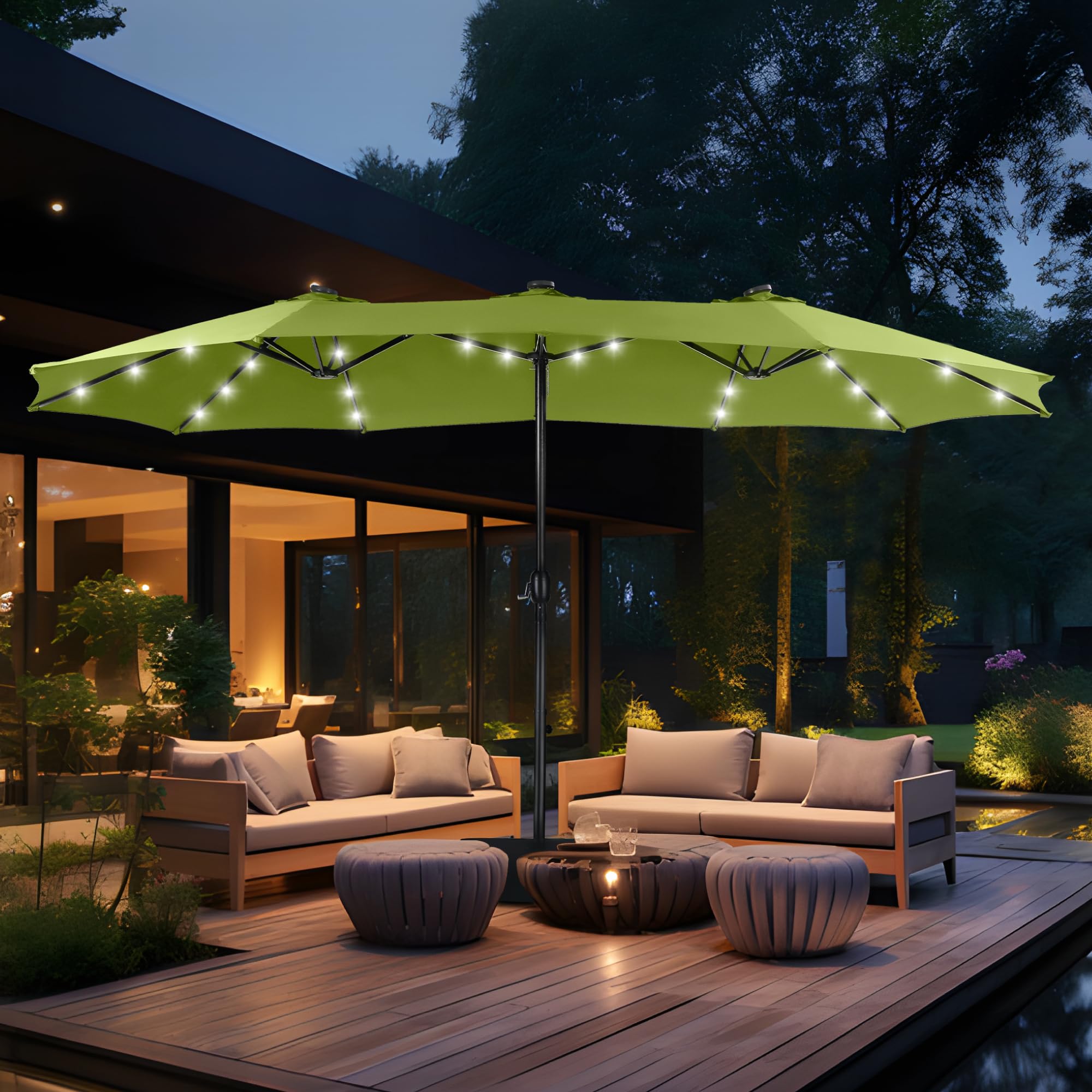 MFSTUDIO 15ft Double Sided Patio Umbrella with Solar Lights, Outdoor Large Umbrellas with Crank Handle and 36 LED Lights, Rectangular Market Umbrella with Base Included for Deck Pool Shade, Lime Green