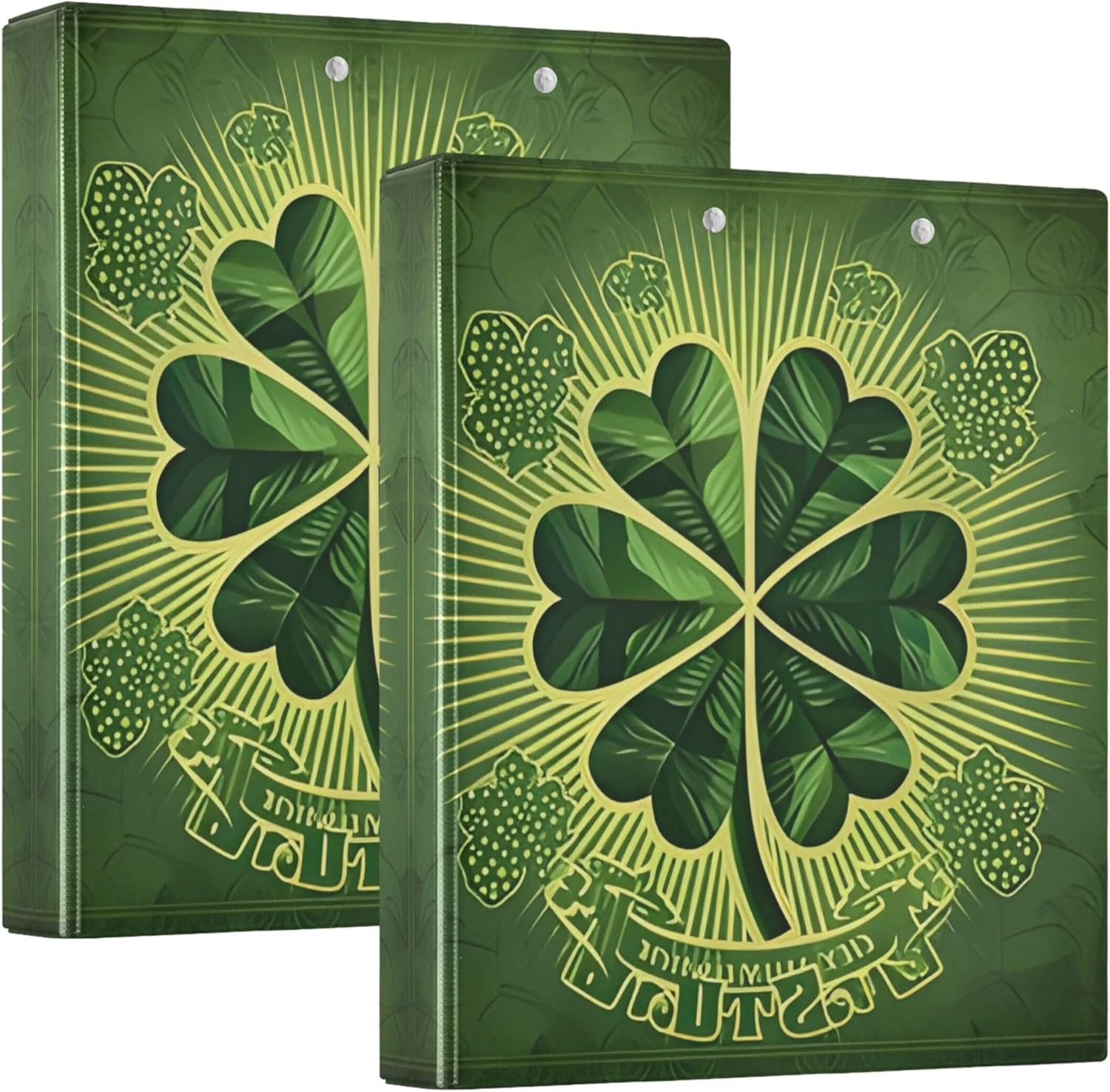 St. Patrick's Day Clover 3 Ring Binders, 1.5” Round Ring Binders with Clipboard - Letter Size, 3 Interior PVC Clear Pockets & Anti-Slip Clip for Office School Supplies, 2PCS