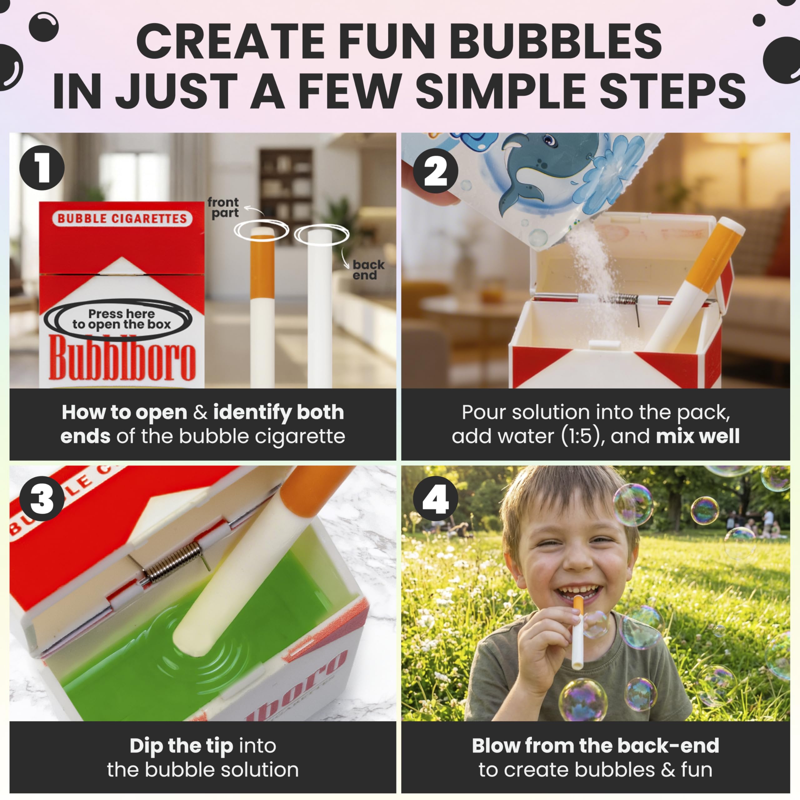 Bubble Cigarette Stress Relief Toy - Bubble Cigarette Pack Including 6 Cigarettes with Bubble Solution Bottle and 2 Sachets - Cigarette Bubble Blower - Fake Cigarettes Gift for Birthday — view 4