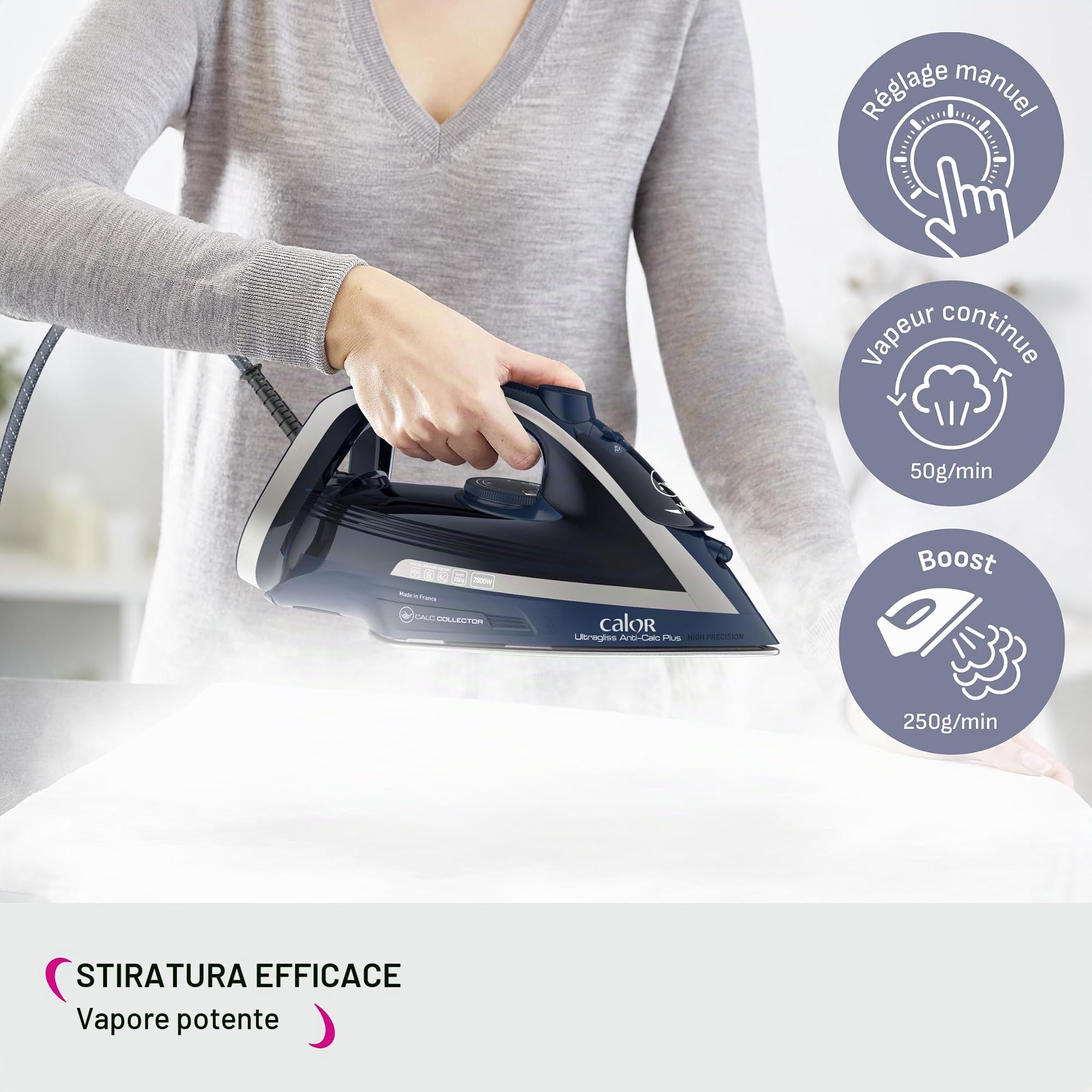 Calor Ferro da Stiro a Vapore, 2800 W, Flusso di Vapore Continuo 50 g/min, Funzione di pressatura 250 g/min, Sistema anticalcare, modalità Eco, Ultragliss Anti-Calc Plus FV6830C0