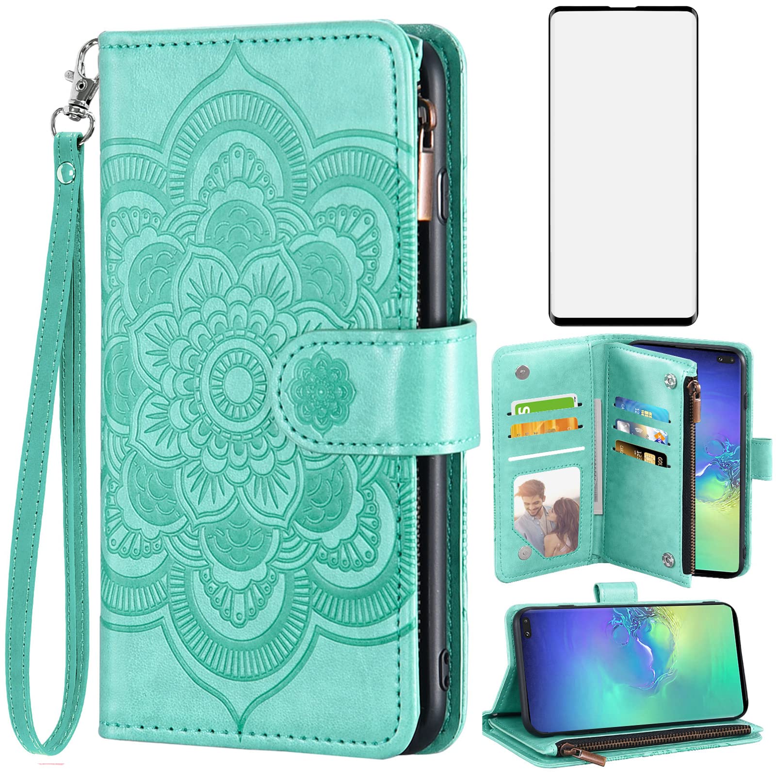 Asuwish Compatible with Samsung Galaxy S10 Plus Wallet Case and Tempered Glass Screen Protector Flip Card Holder Cell Phone Cover for Glaxay S10+ Galaxies S10plus 10S Edge S 10 10plus Cases Men Green