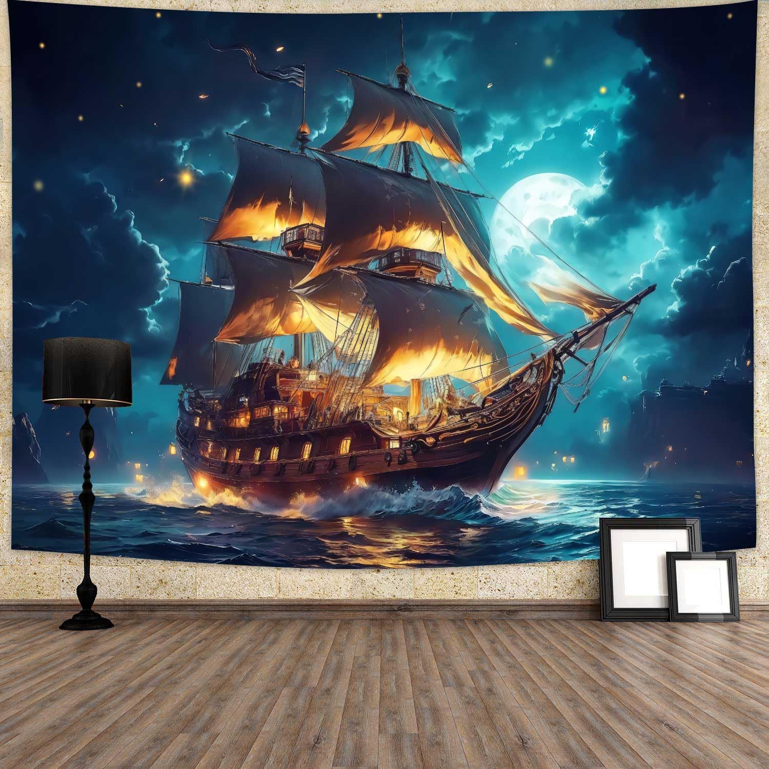 JAWO Nautical Tapestry Decor: Dark Vintage Pirate Ship Ghost Sailboat Wall Art, Ocean Landscape, Bedroom, Dorm Home Decor