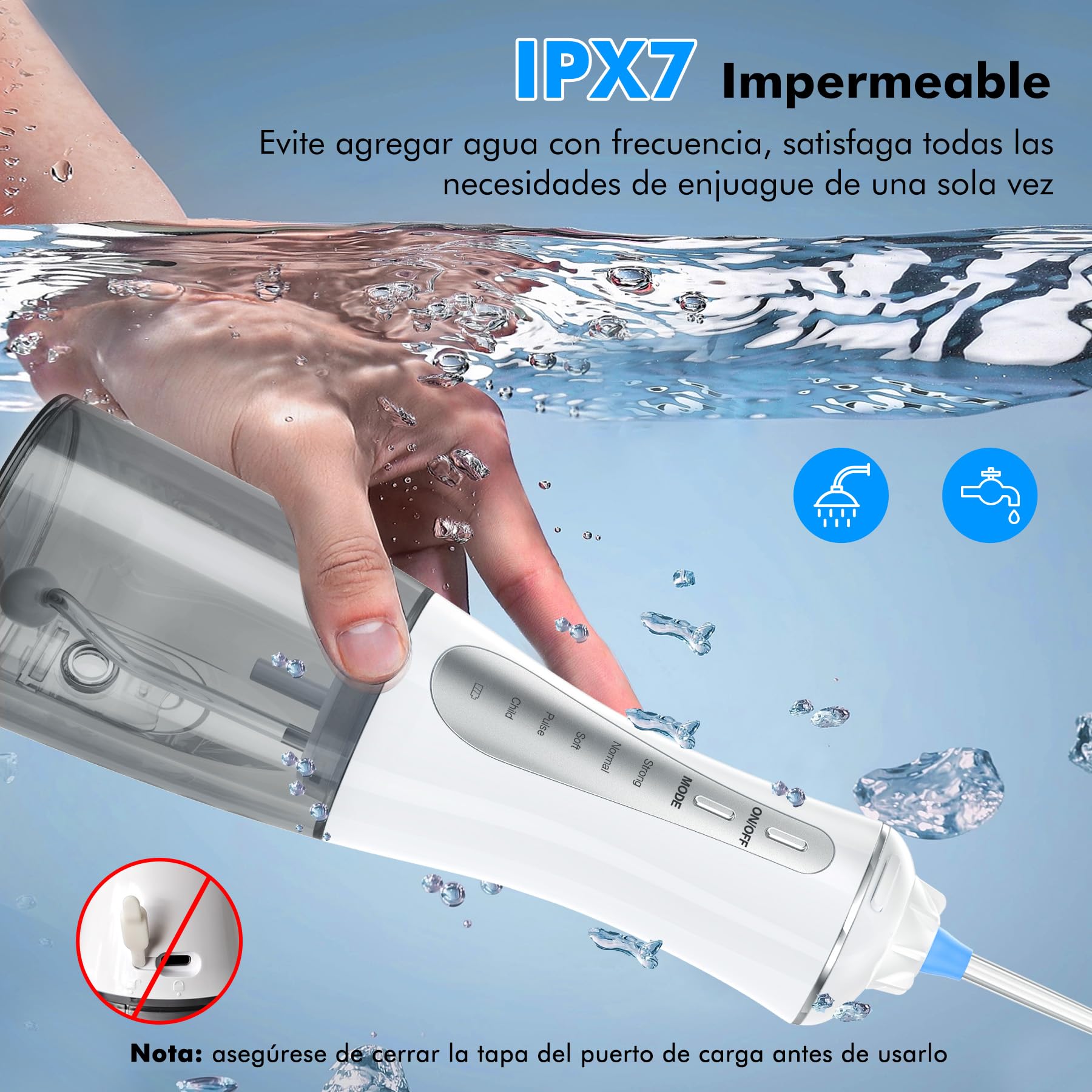 Irrigador Dental Portatil Profesional Inalámbrico 5 Boquillas 4 Modos IPX7 USB-C Recargable