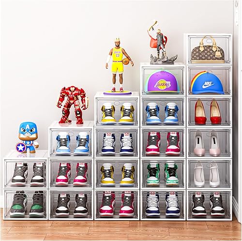 Paquete de 10 organizadores de zapatos, cajas de zapatos resistentes apilables con puerta magnética, almacenamiento grueso para zapatos para zapatos