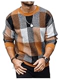 Men's Color Block Plaid Print Long Sleeve Crew Neck Sweater Pullover Tops